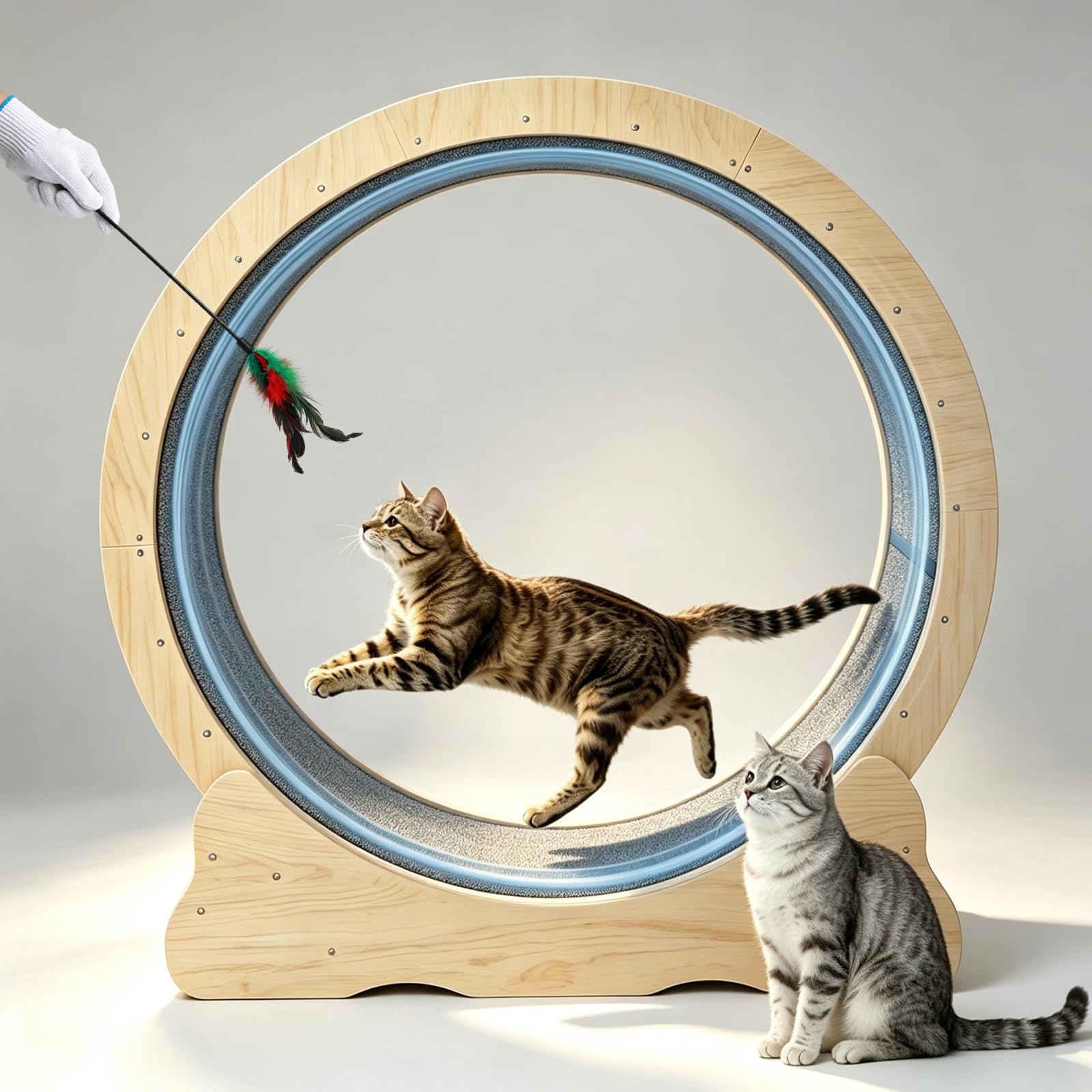Wooden Cat Exercise Wheel, 42' Large Cat Running Wheel Treadmill, Low Noise Cat Wheel with Safety Lock, Scratching Pad Track & Detachable Carpet, for Indoor Cat Weight Loss Entertainment