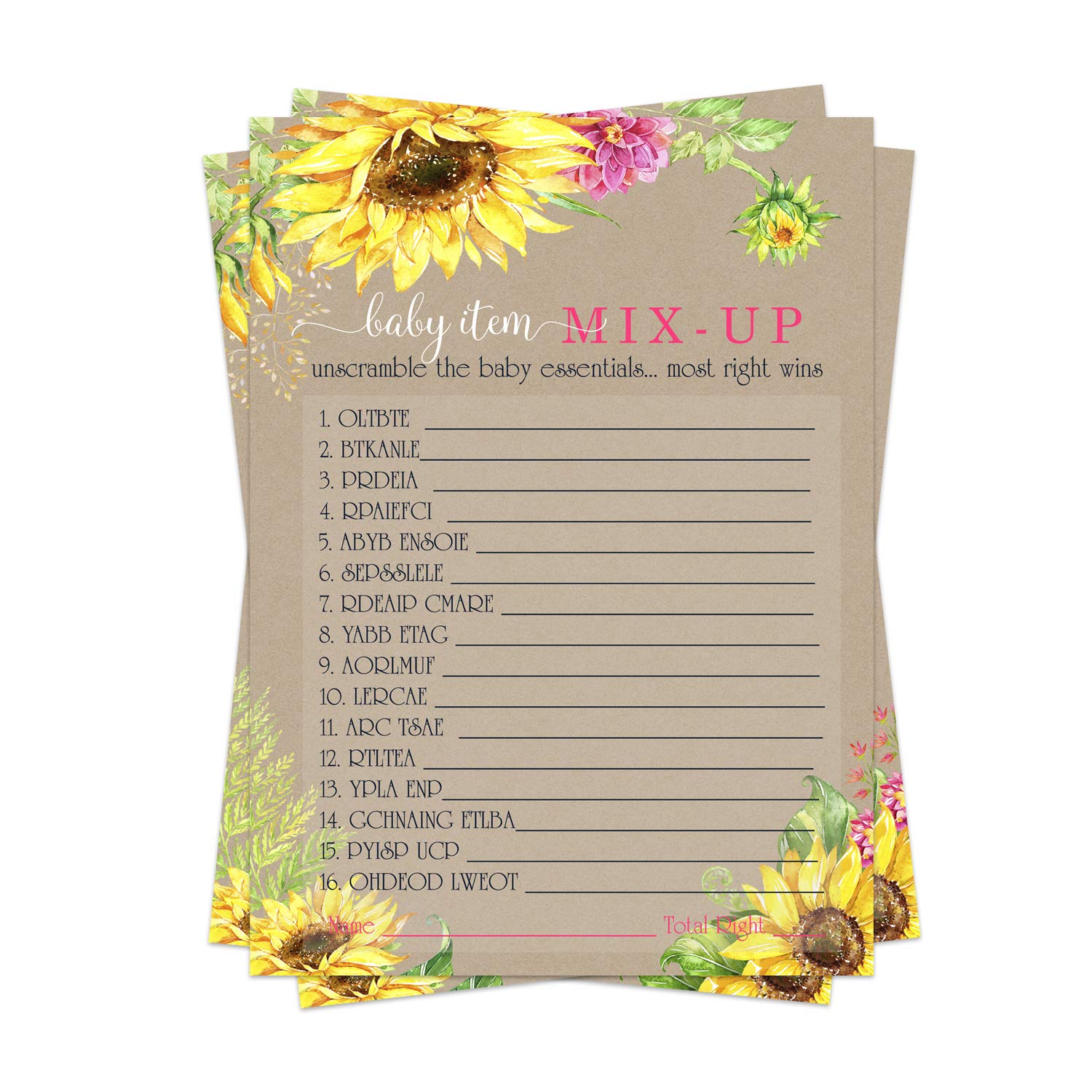 Sunflower Word Scramble Baby Shower Games for Girls (25 Pack) Unscramble Phrases Activity Cards Gender Reveal Fall Rustic Floral Yellow and Pink 5x7 Card Set