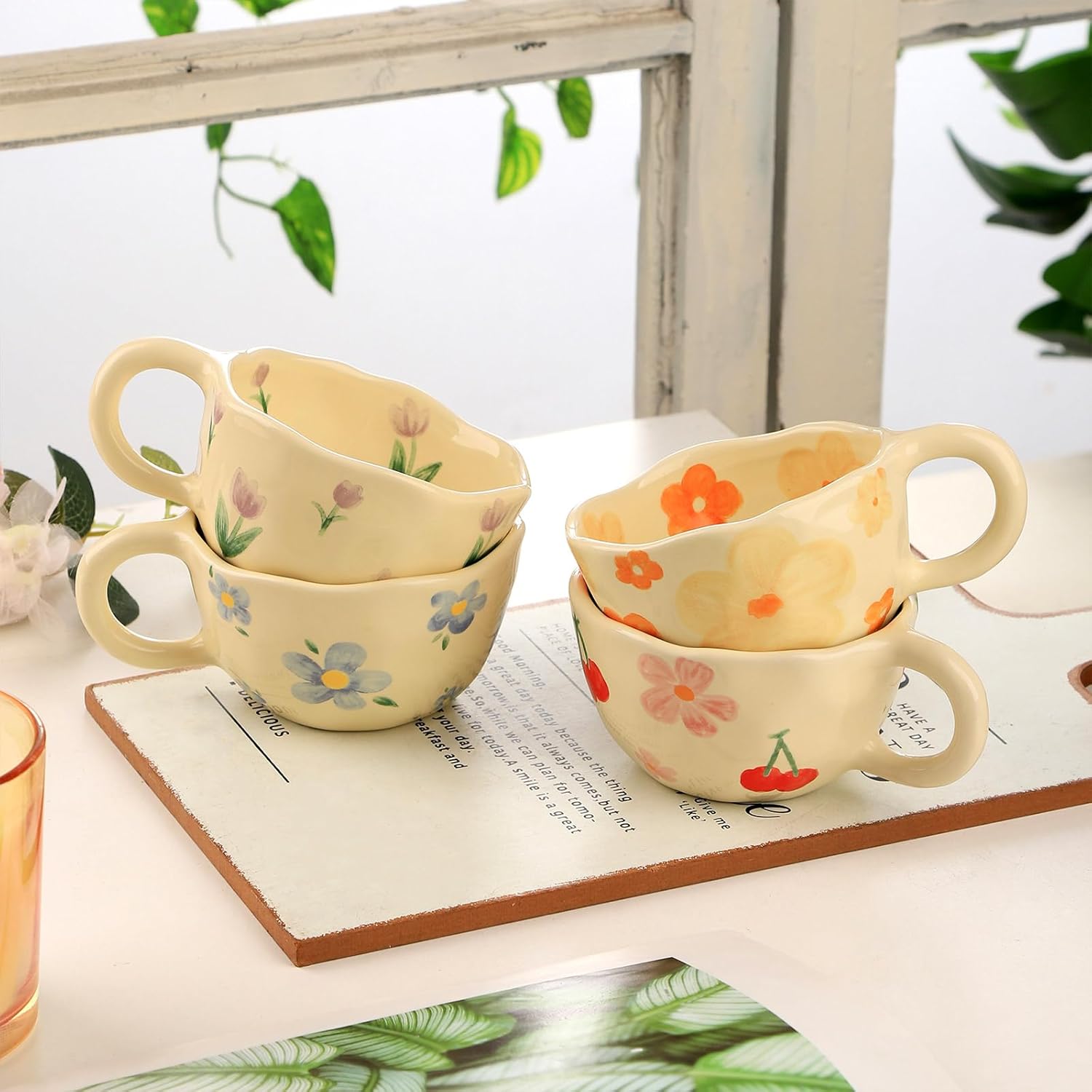 VanEnjoy Ceramic Cup, Cute Coffee Mug, Strawberry Mug, Aesthetic Coffee Mug, Retro Flower Mug, Ceramic Tea, 10oz/300ml for Tea Coffee, Milk and Oatmeal - Image 7