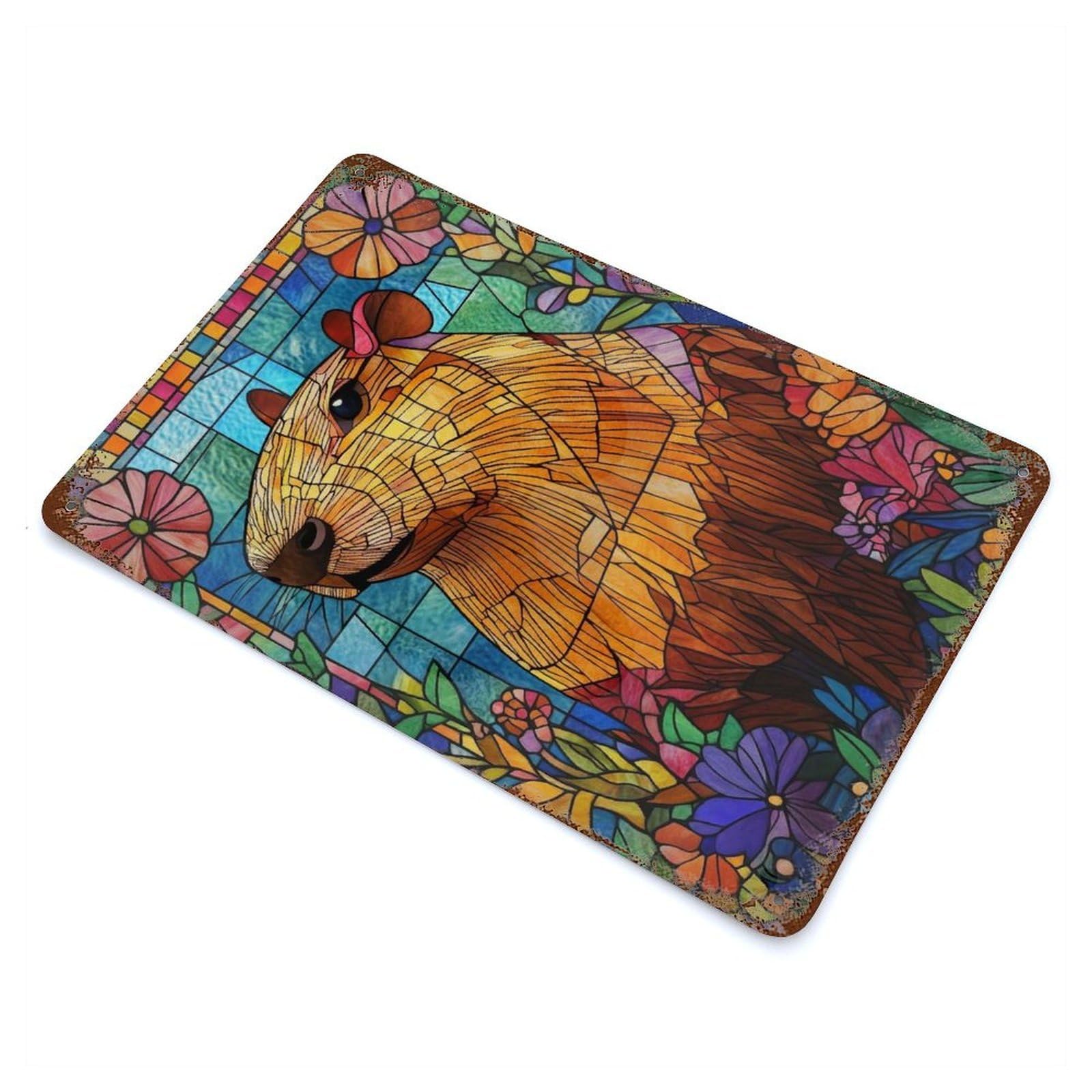 Stained Glass Capybara Vintage Wall Sign 11.8"x7.9", Rust Effect Metal Decor for Living Room, Hallway And Home Decor