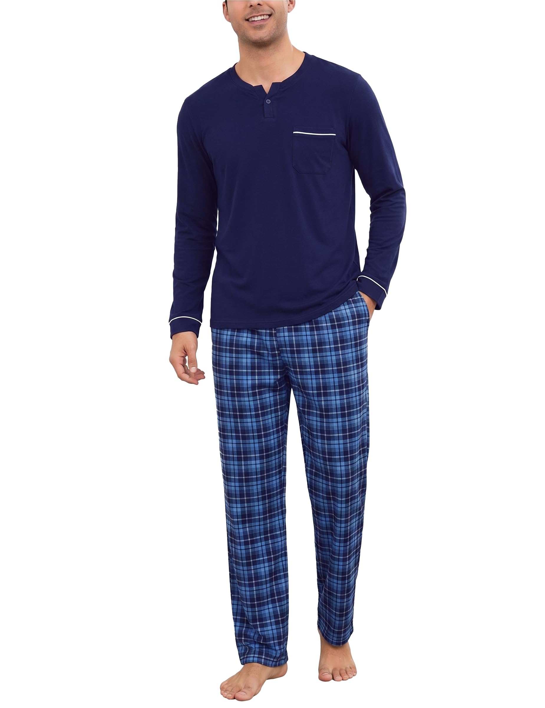 Bresdk Schlafanzug Herren Lang Baumwolle Pyjama Set mit Bündchen | Zweiteiliger Pyjama Herren Lang mit Henley-Kragen, weißen Paspeln und karierter Hose, bequem als Nachtwäsche und Loungewear
