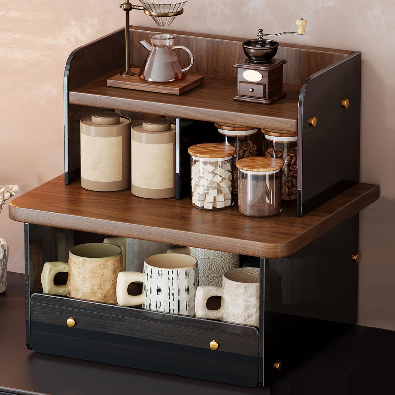 Organisateur Acrylique Coffee Corner, Porte Tasses avec Tiroir, Mugs Brown,32 * 26 * 34.5cm