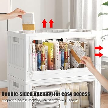 Stackable Storage Bins with Double Doors, Transparent Storage Box, White Closet Organizers and Storage, Space Saving Thick Folding Storage Box For Kitchen Dorm Room Bathroom (L)