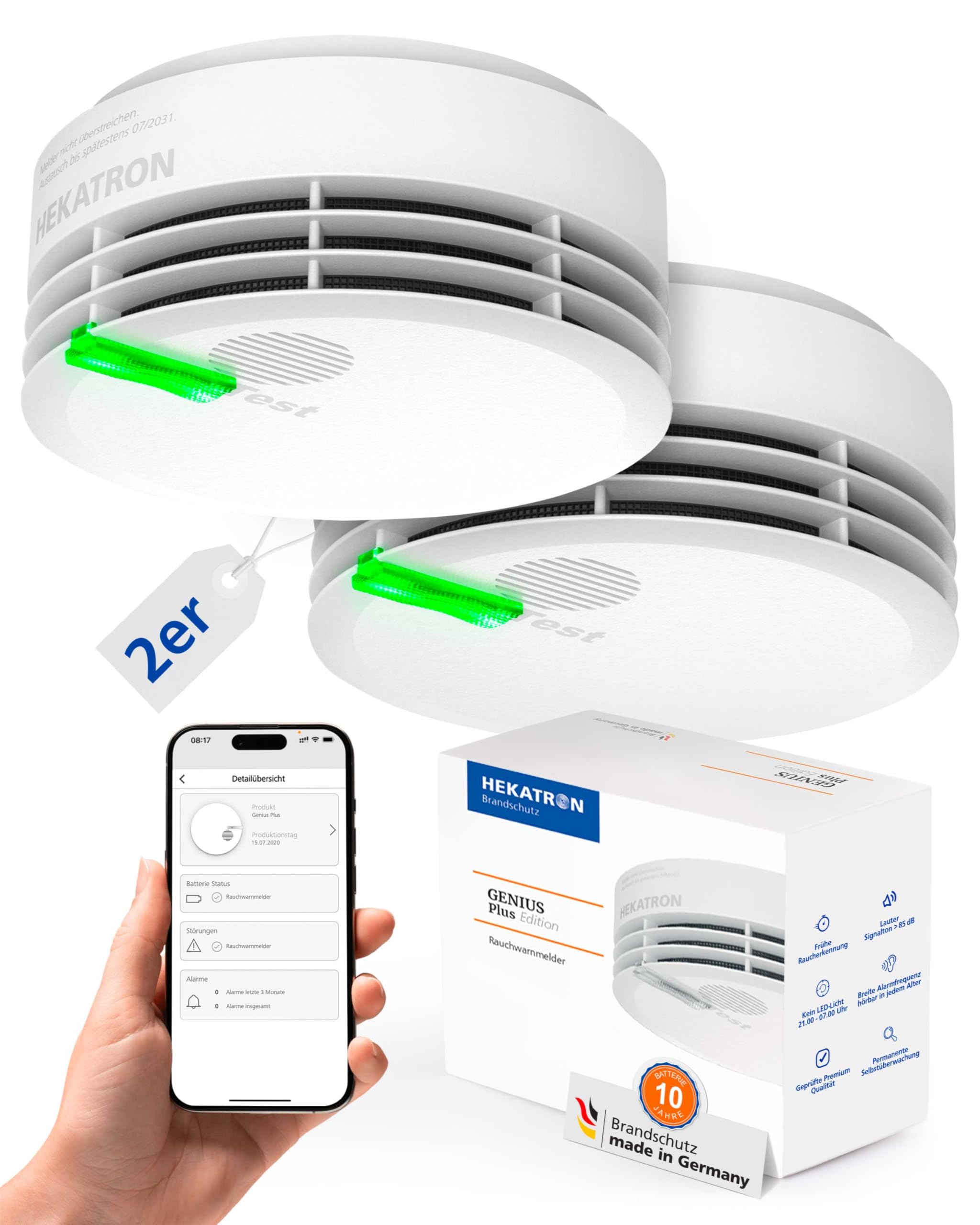 Hekatron Genius Plus – Rauchmelder 10 Jahre Batterie – Testsieger Stiftung Warentest – Made in Germany – inkl. 2X Klebepad – App-unterstützt – Feuermelder – mehrsprachig – 2 Stück