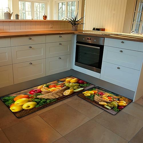 Miniatura 3 de Kuizee Juego de 2 tapetes de cocina antifatiga, frutas, verduras, jardín, suave, absorbente de agua, antideslizantes, decoración de cocina, suelo,