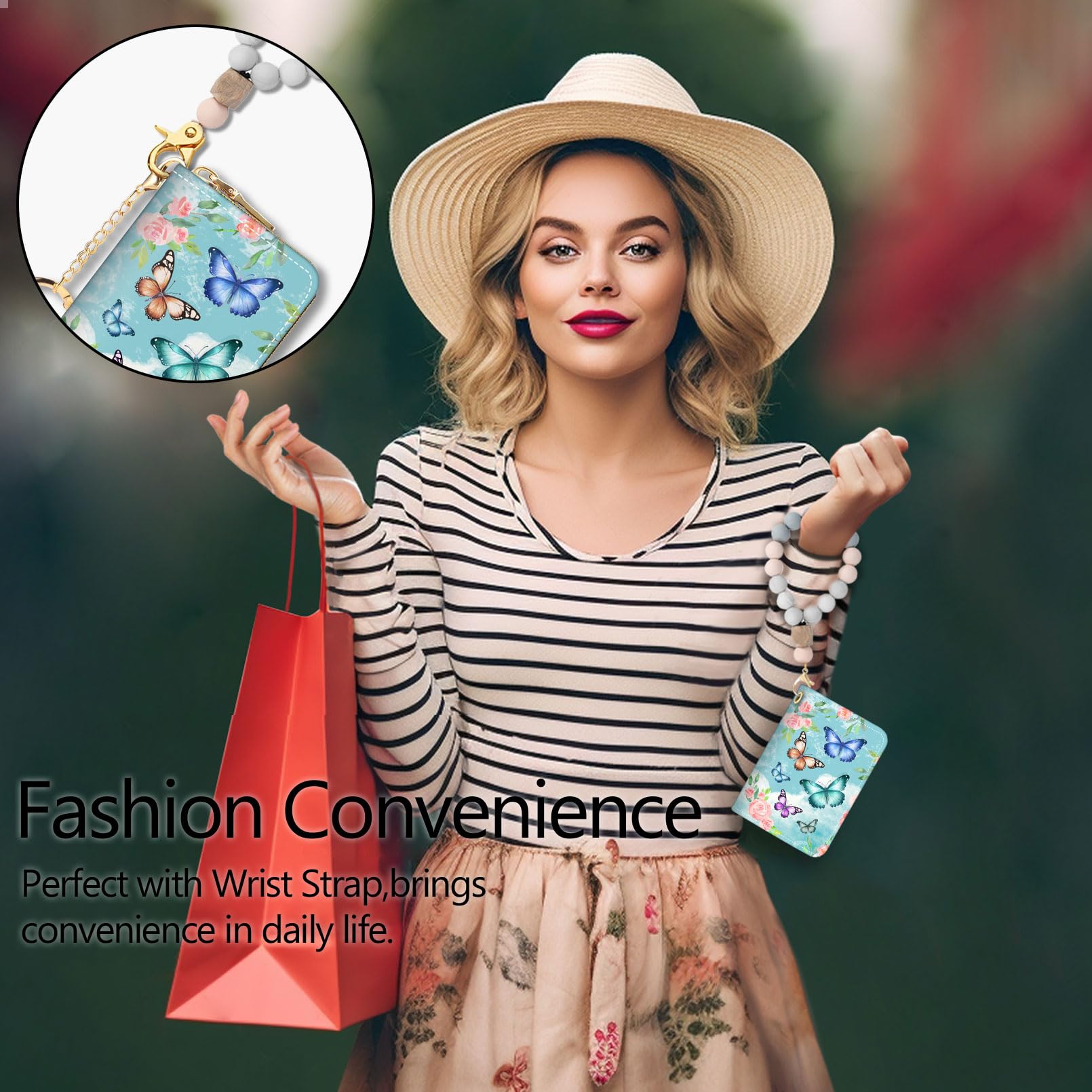 Blusabaca Credit Card Holder for Women, Gothic Floral Small RFID Wallet with Zipper, Card Keychain Wallet, Leather Wallet Card Case, Business Accordion Wallet Gift: Butterfly