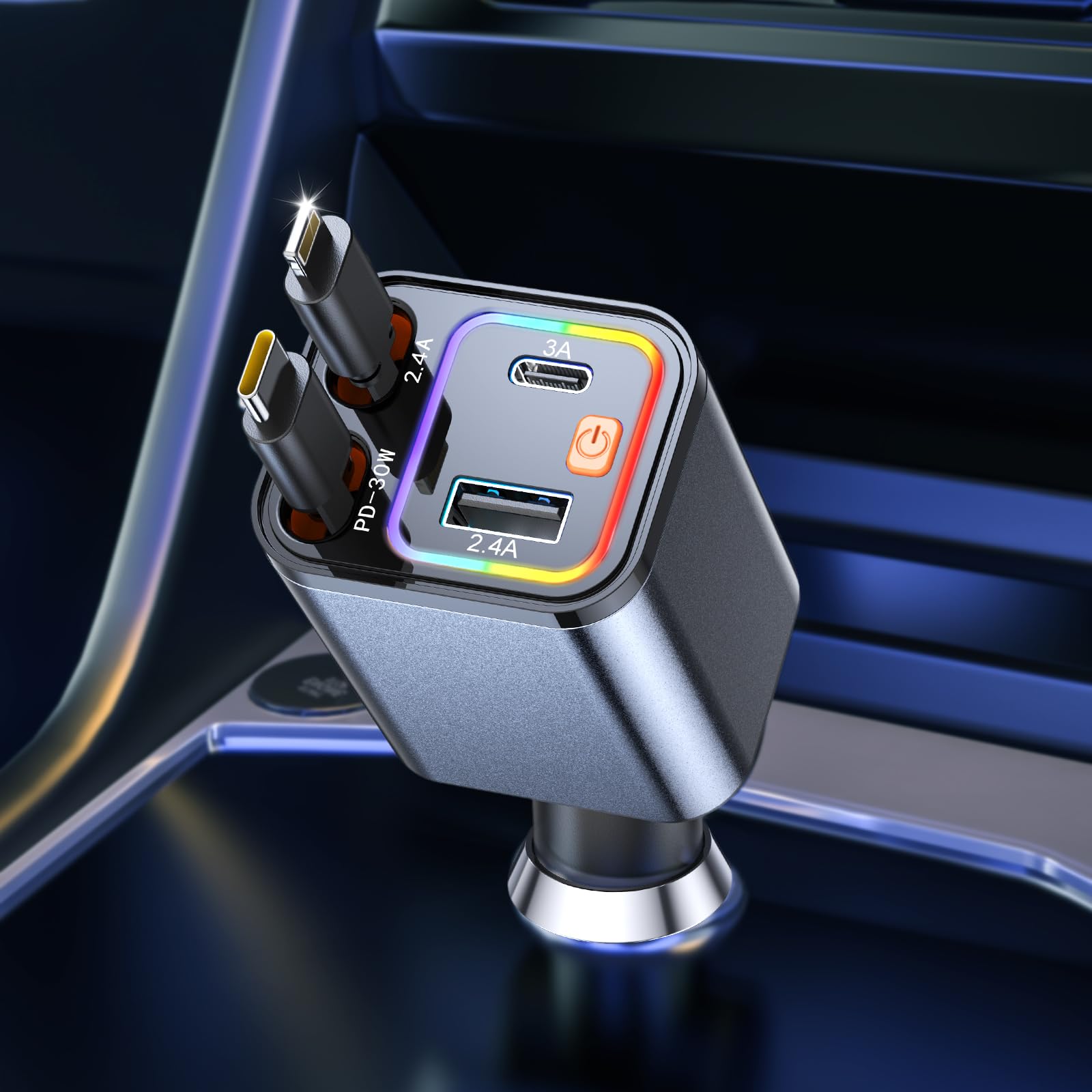 Ładowarka samochodowa USB C 4 w 1, 69 W, ładowarka samochodowa z 2 wysuwanymi kablami (typ C i Lightning), adapter USB do gniazda zapalniczki samochodowej ze światłem LED, obracany o 180°, szybkie