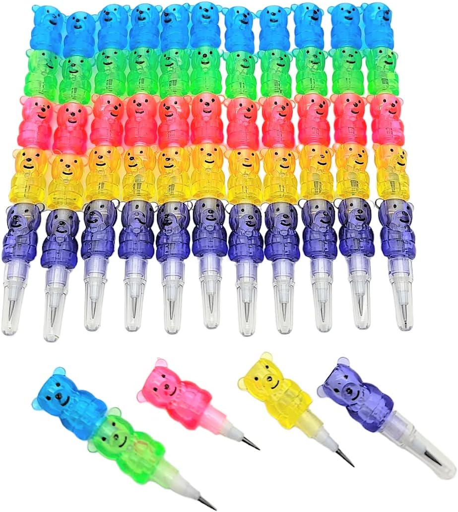 Zugar Land Colorful Transparent Stackable Bear Shaped Pencils (5") Fine Point Already Sharpened Ready to Use! 5 Parts and 5 Colors Each! Plastic. Party Favor, School Supplies (48)