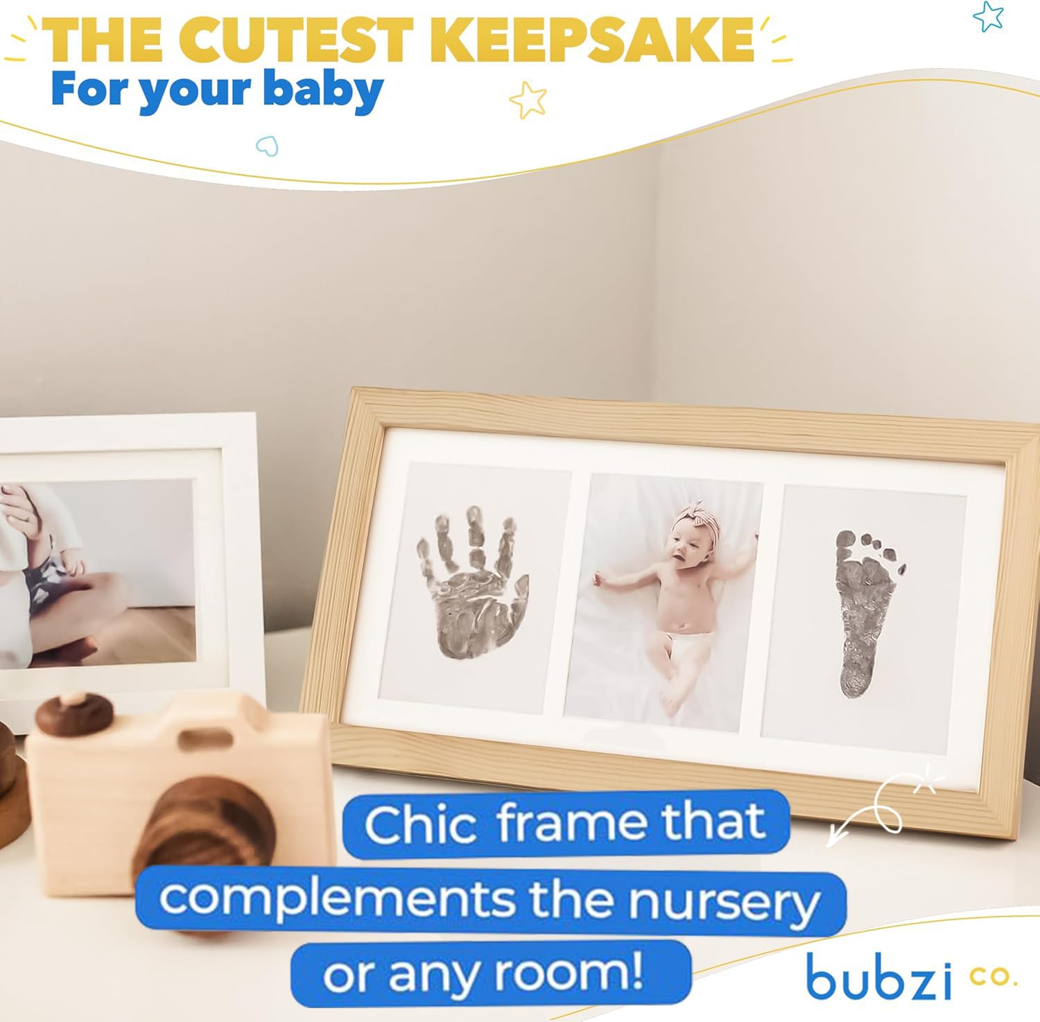 Bubzi Co Empreint Bébé Cadre Déco Blanc Encre Non Toxique Souvenir Personnalisé Décoration Chambre Bébé Cadeau Original Naissance Natural Wood