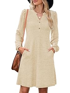 ZAFUL Womens Long Sleeve Fall Dresses with Pockets V Neck Button Casual Bodydoll Knit Sweater Dress 2025