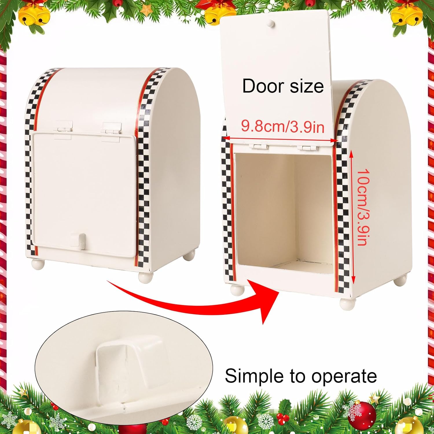 Letters to Santa Mailbox Christmas Decor, 5.5×7.5 Inch Metal Xmas Letter Mail Box, North Pole Delivery Kids Gift Wish List, Holiday Indoor Table Shelf Mantel Black White Checkered Home Decorations