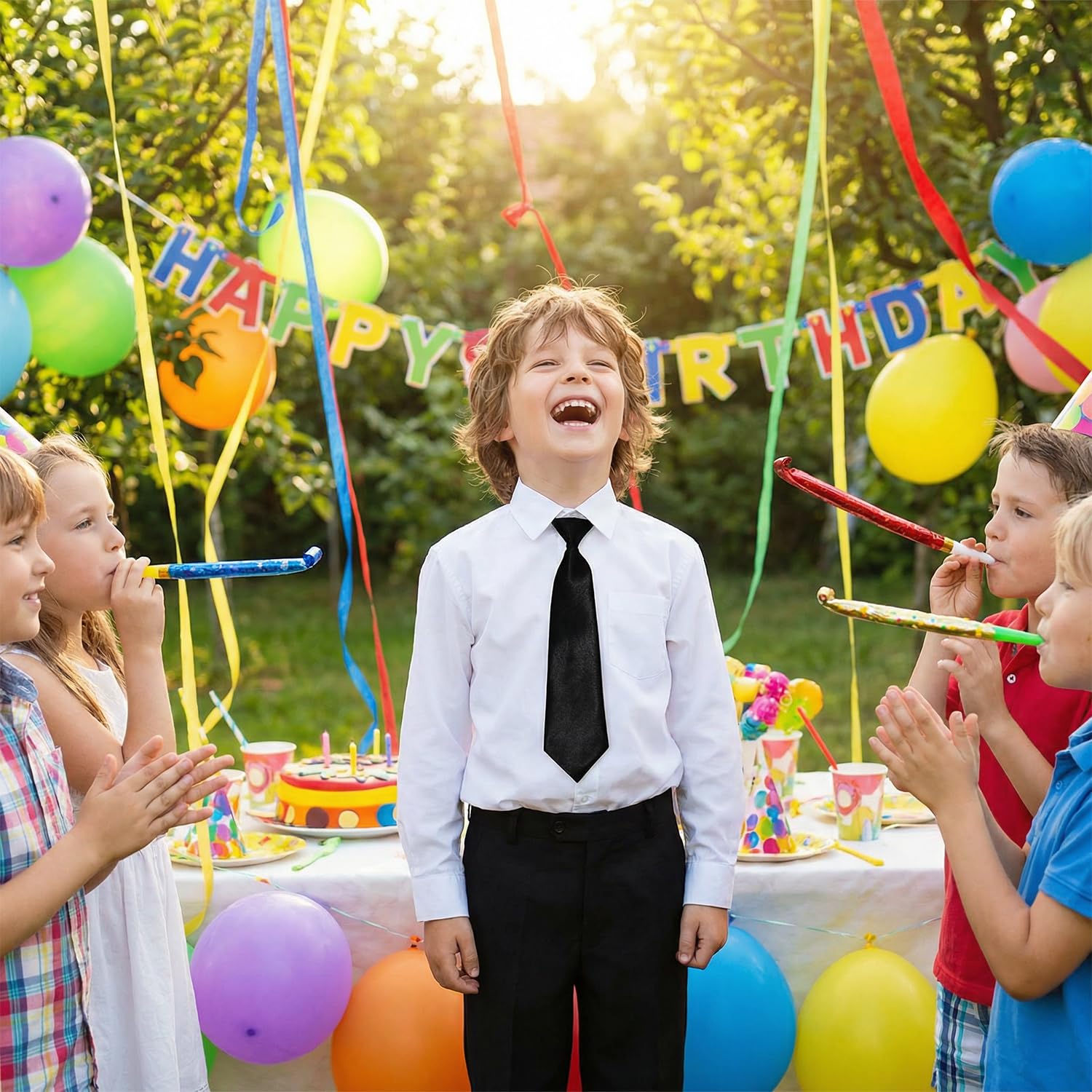 Corbata de satén negra preatada para niños, 28 cm, elástica, corbata formal para niños, para bodas, deberes de Page Boy, bailes escolares y celebraciones especiales