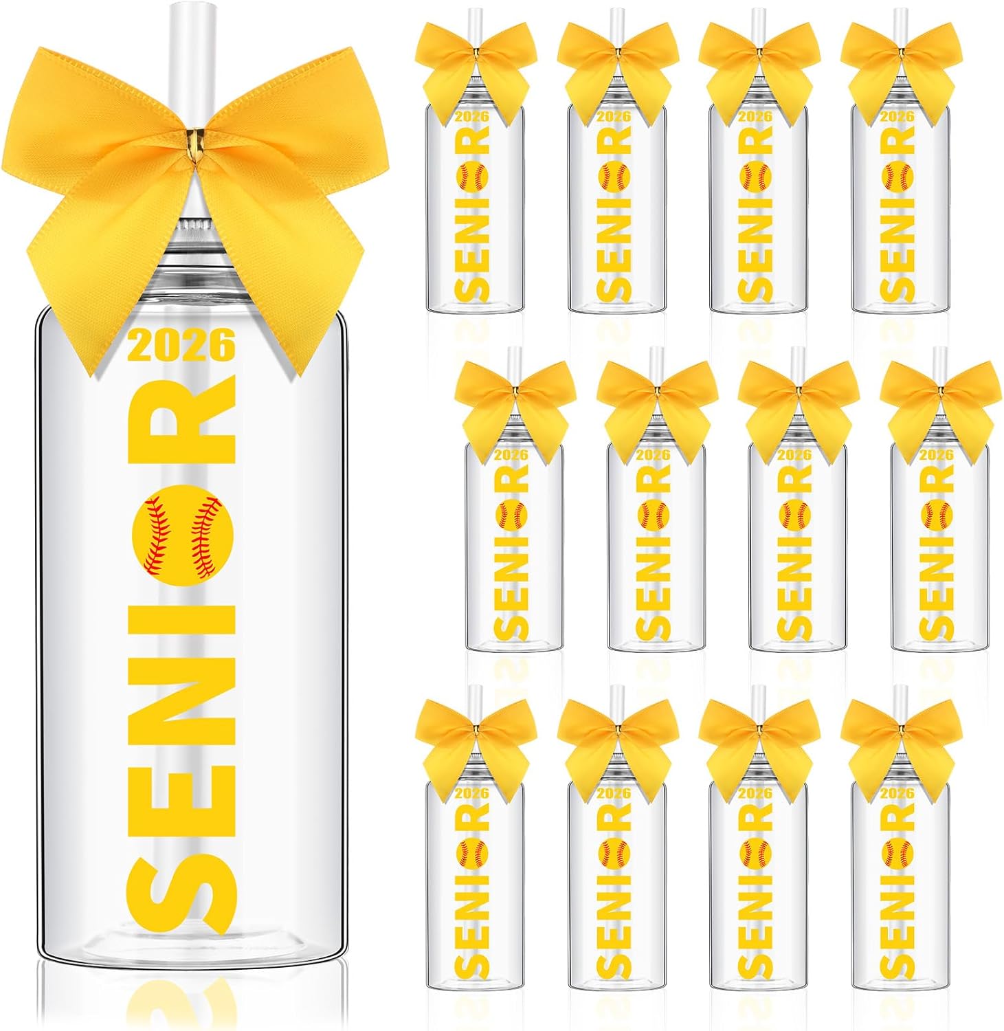 Skylety 12 Pack 2026 Softball Senior Night Gifts Softball Tumbler Cups with Lid and Straw Bow Decorated 13.5 oz Plastic Cup Clear Reusable Water Bottles for Sports Team