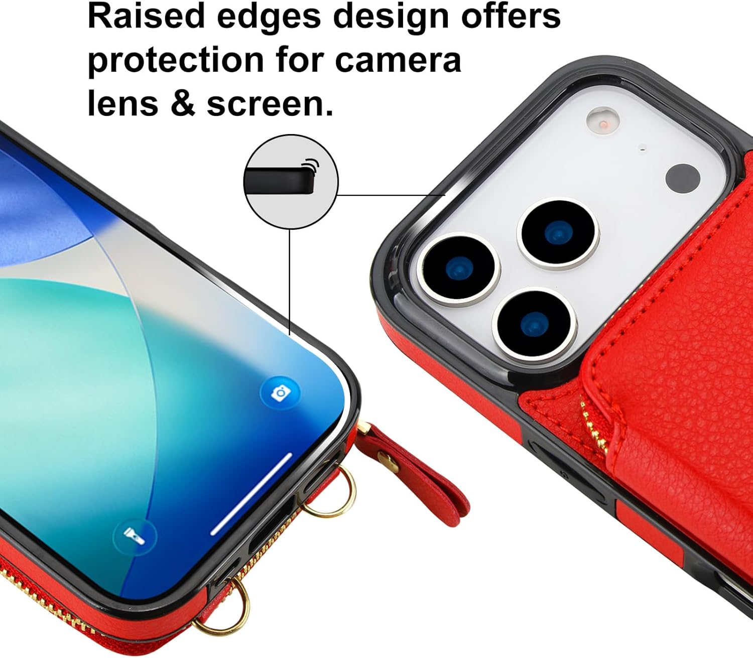 Bocasal Crossbody Wallet Case for iPhone 17 Pro, RFID Blocking Leather Purse Case with Card Holder, Protective Handbag Flip Cover with Zipper Wrist Strap Lanyard for Women 5G 6.3 Inch (Red)