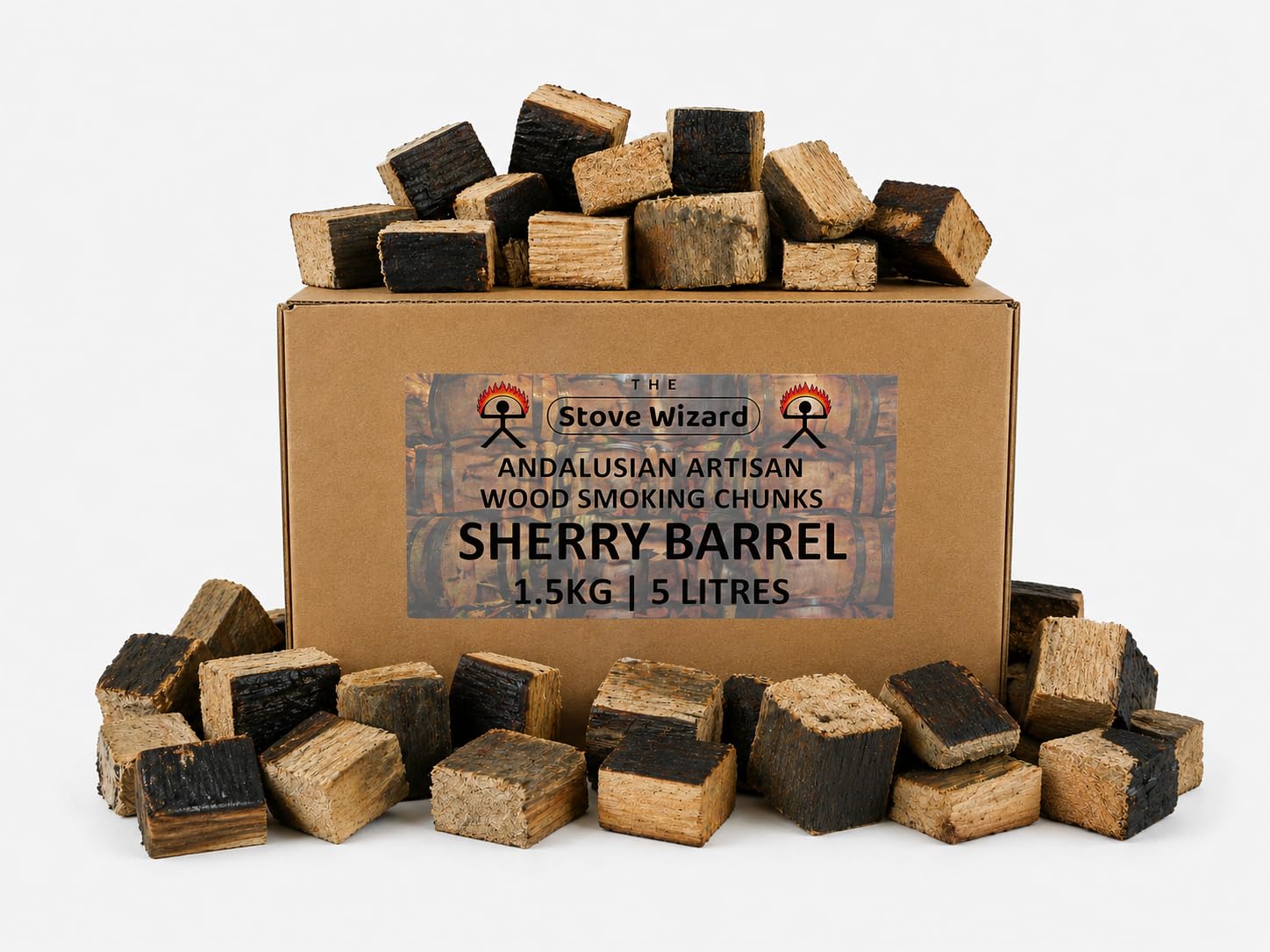 Sherry Wine Barrel Wood BBQ Smoker Smoking Chunks 1.5kg Andalusian Artisan Premium Quality Natural Eco Friendly Wood Chunks for Gas & Charcoal Grill Outdoor Cooking for Authentic BBQ Flavour