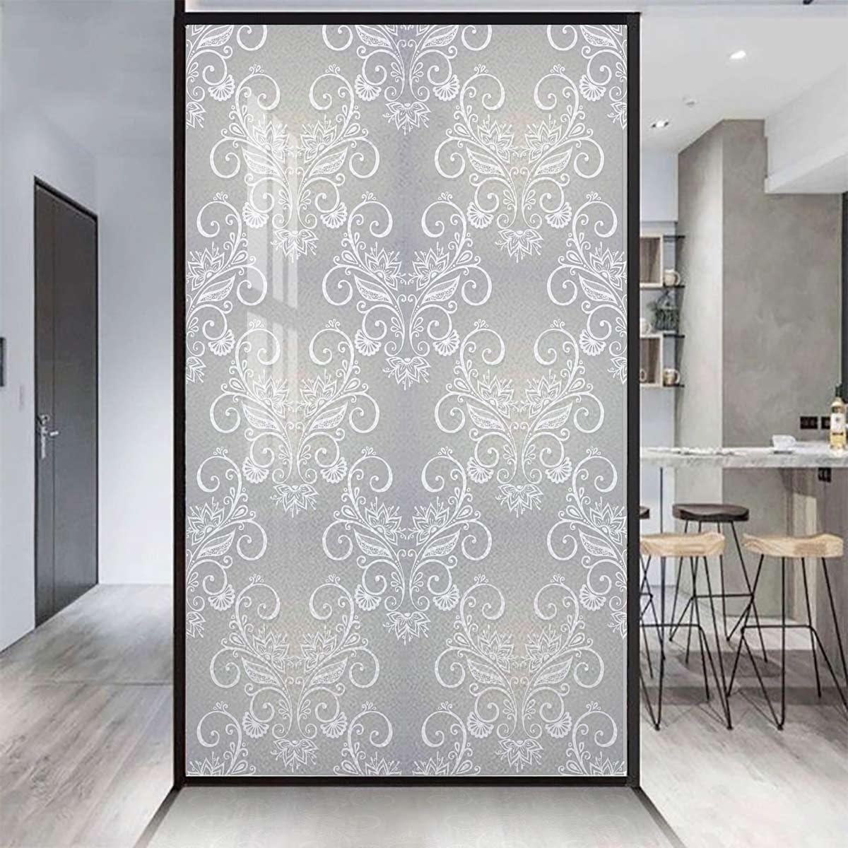 Grey White Window Film No Glue Privacy Glass Film Swirled Branches Curved Flower Leaves Window Privacy Film Frosted Removable Glass Covering Floral 31.5Wx62.9L-inch