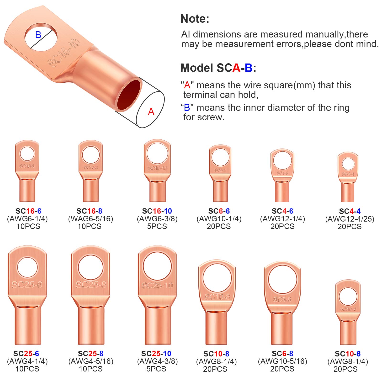 170 Pieces Copper Battery Cable Ends 12 Sizes Battery Wire Lugs Eyelets
