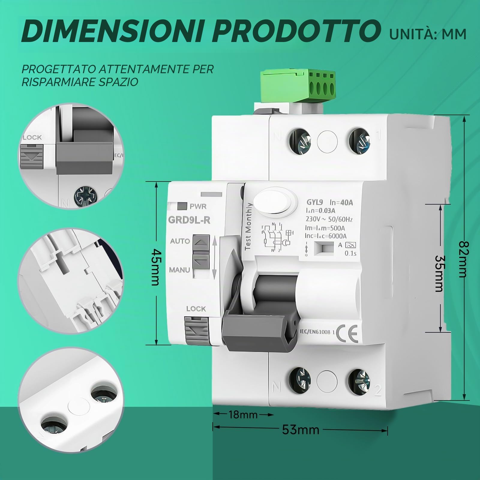Salvavita Riarmo Automatico 2P 40A 30mA Interruttore Differenziale AC220V per Casa e Contatore Fotovoltaico