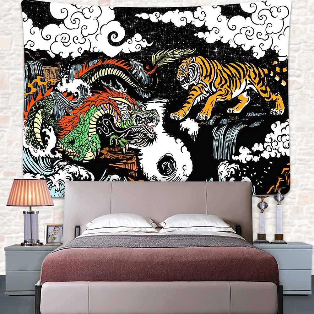 SHRAPHY Asian Tapestry 80x60 Inches Eastern Mythology Dragon and Tiger Tapestry,Chinese Art Wall Hanging Tapestry for Bedroom Living Room GTLSUH6024