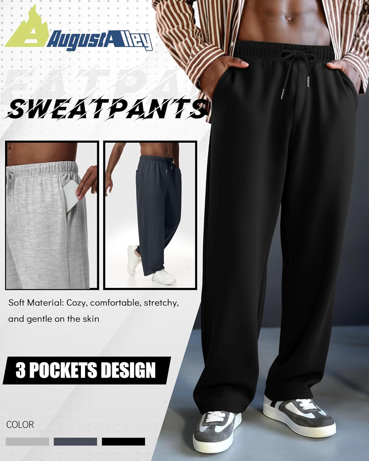 3 Pack Men's Lightweight Lounge Pants Straight Leg Open Bottom Thin Baggy Drawstring Sweatpant with 3 Pockets - Image 4