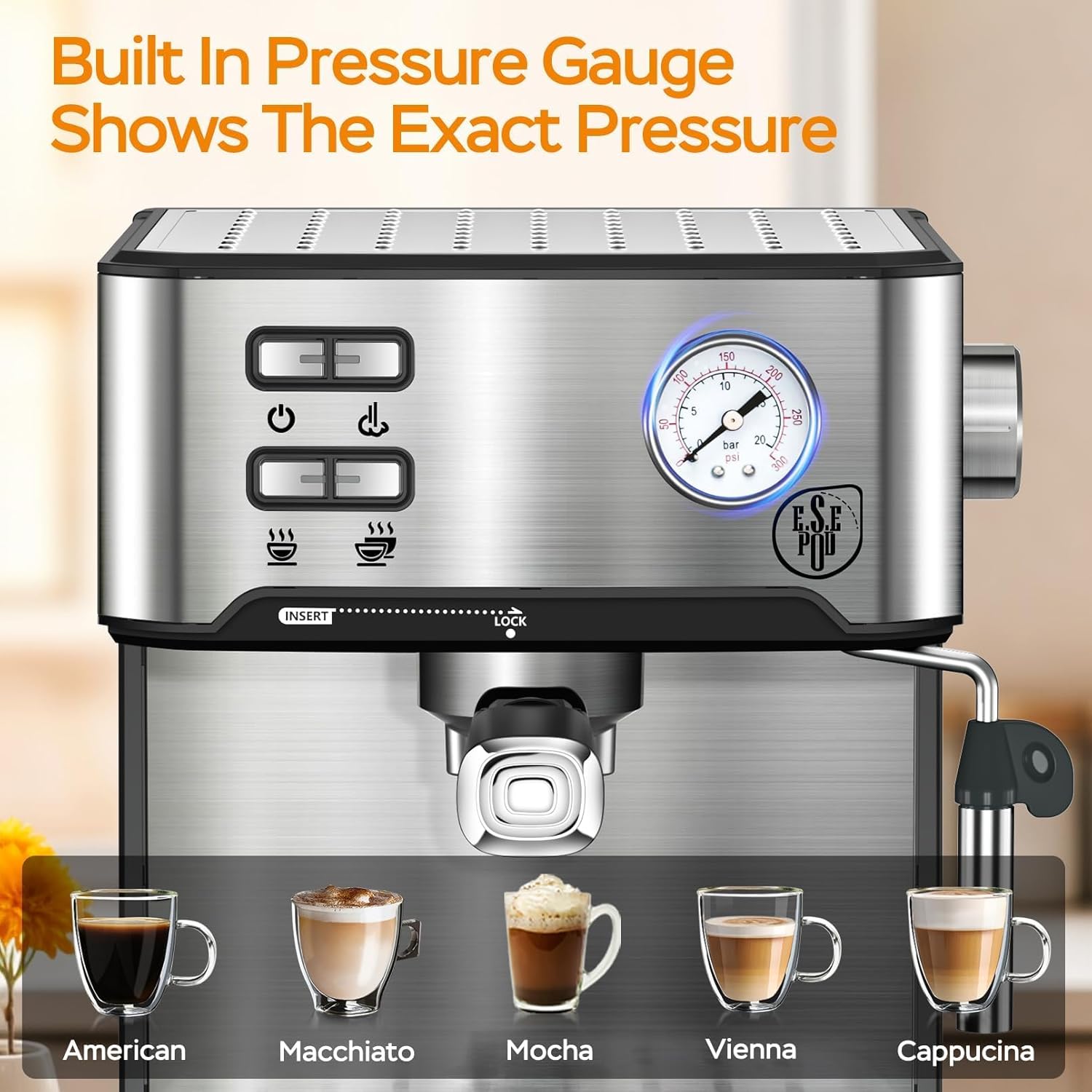 20 Bar Espresso Machine with Milk Frother, Dual Shot Coffee Maker, ESE Pod, Coffee Machine with Pressure Display, 54 OZ Removable Water Tank for Home Barista (Silver)