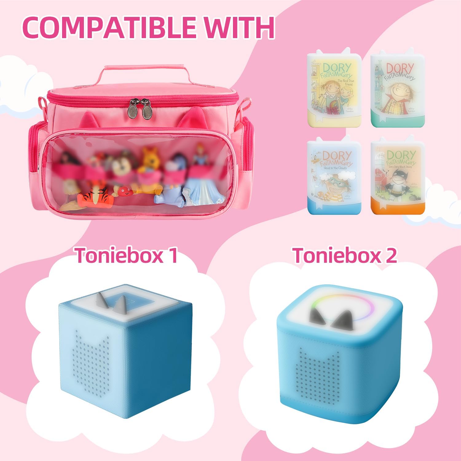Carrying Case Compatible with Toniebox 2 & 1, Storage Bag Organizer for Tonies Starter Set, Headphones & Accessories, Portable Travel Bag with Handle and Adjustable Shoulder Strap(Pink) - Image 5