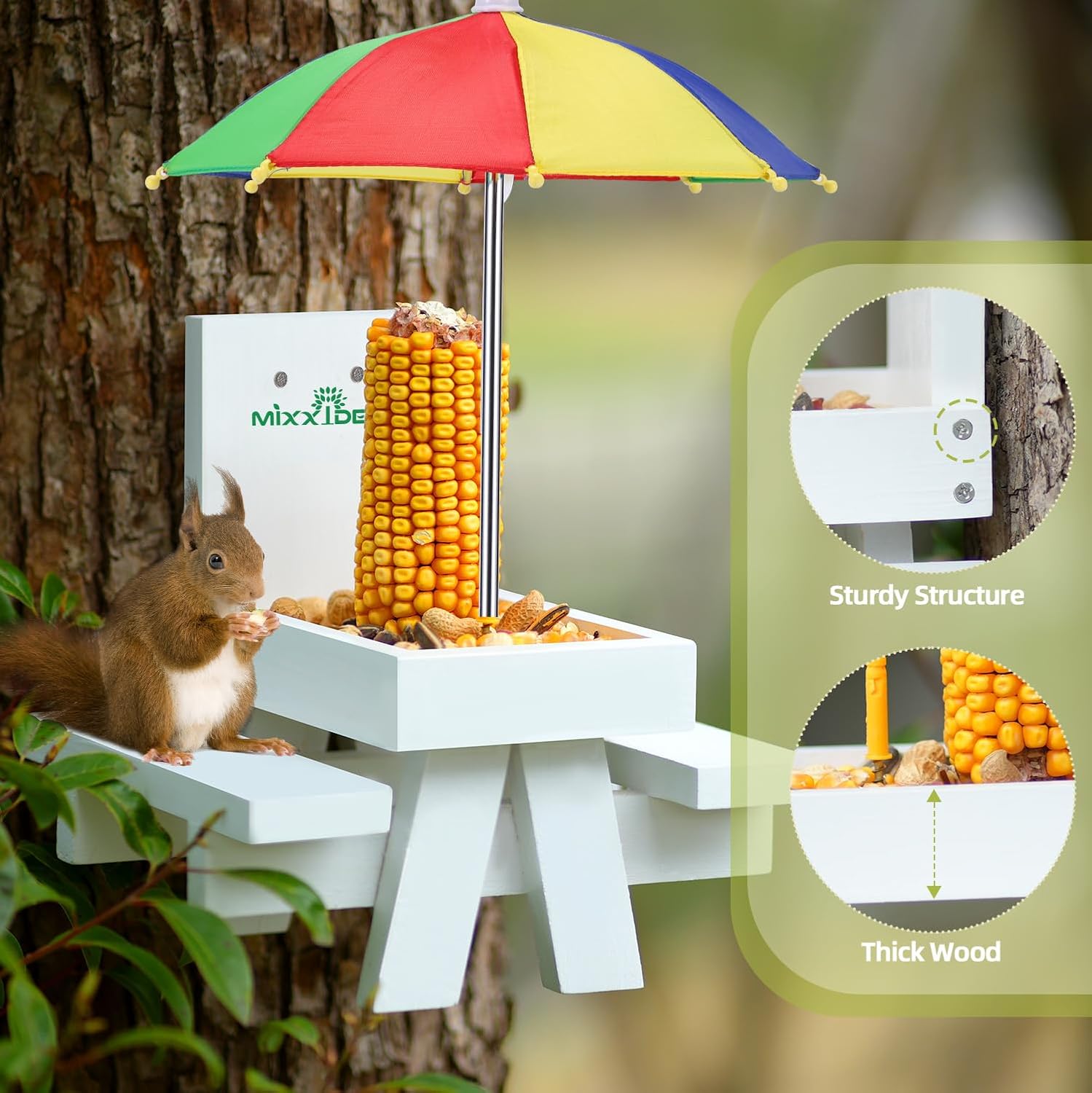MIXXIDEA Squirrel Feeder Table with Umbrella, Wooden Squirrel Picnic Table Feeder, Sturdy Squirrel Feeder Corn Cob Holder, with Solid Structure and 2 x Thick Benches(Colorful)