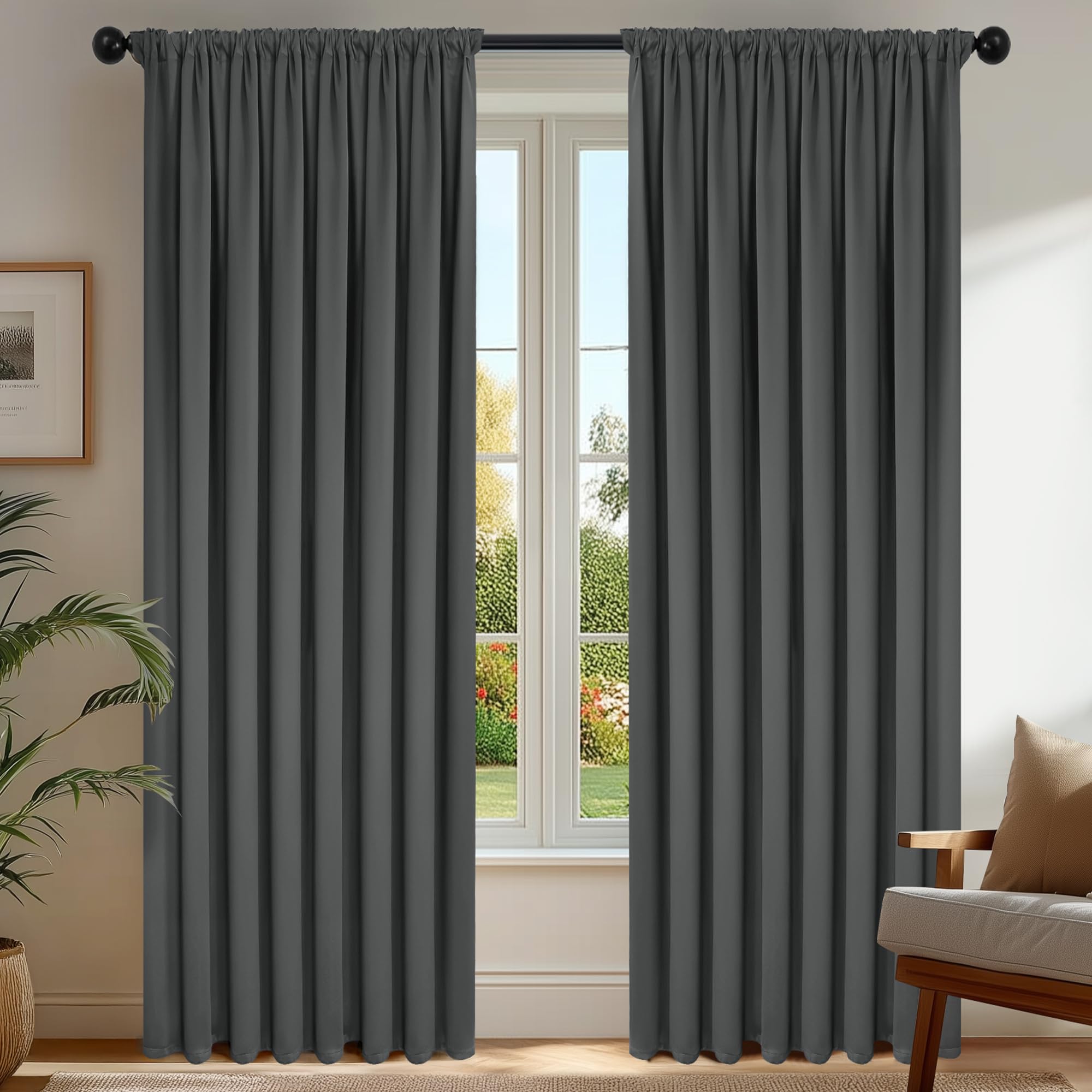 Deconovo Rideaux occultants, Opaques, avec Bandes froncées, Rideaux Thermiques 3 en 1, Chambre à Coucher, 2 Pièces140×300 CM (Largeur x Hauteur) Gris Foncé