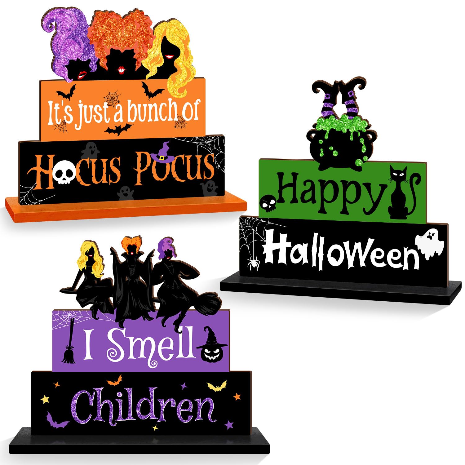 Halloween Hocus Pocus Table Signs Wooden Decor, 3PCS Witch Halloween Table Signs I Smell Children Freestanding Tabletop Decorative Signs