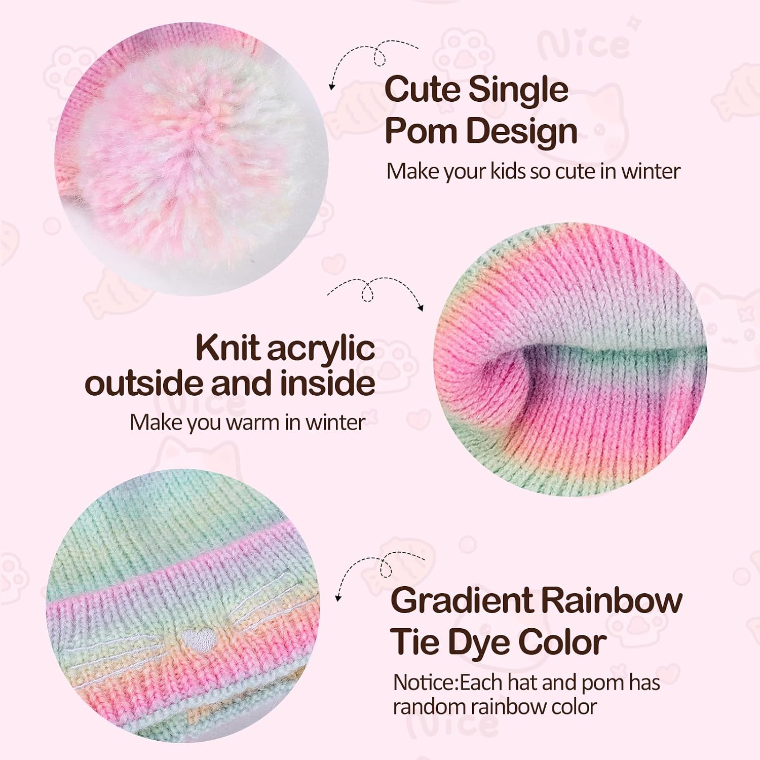 Cat Face Earflap Beanie and Gloves Set for Girls Rainbow Pom Knit Hats Winter Outdoor Snow Ski Caps Age 2-10