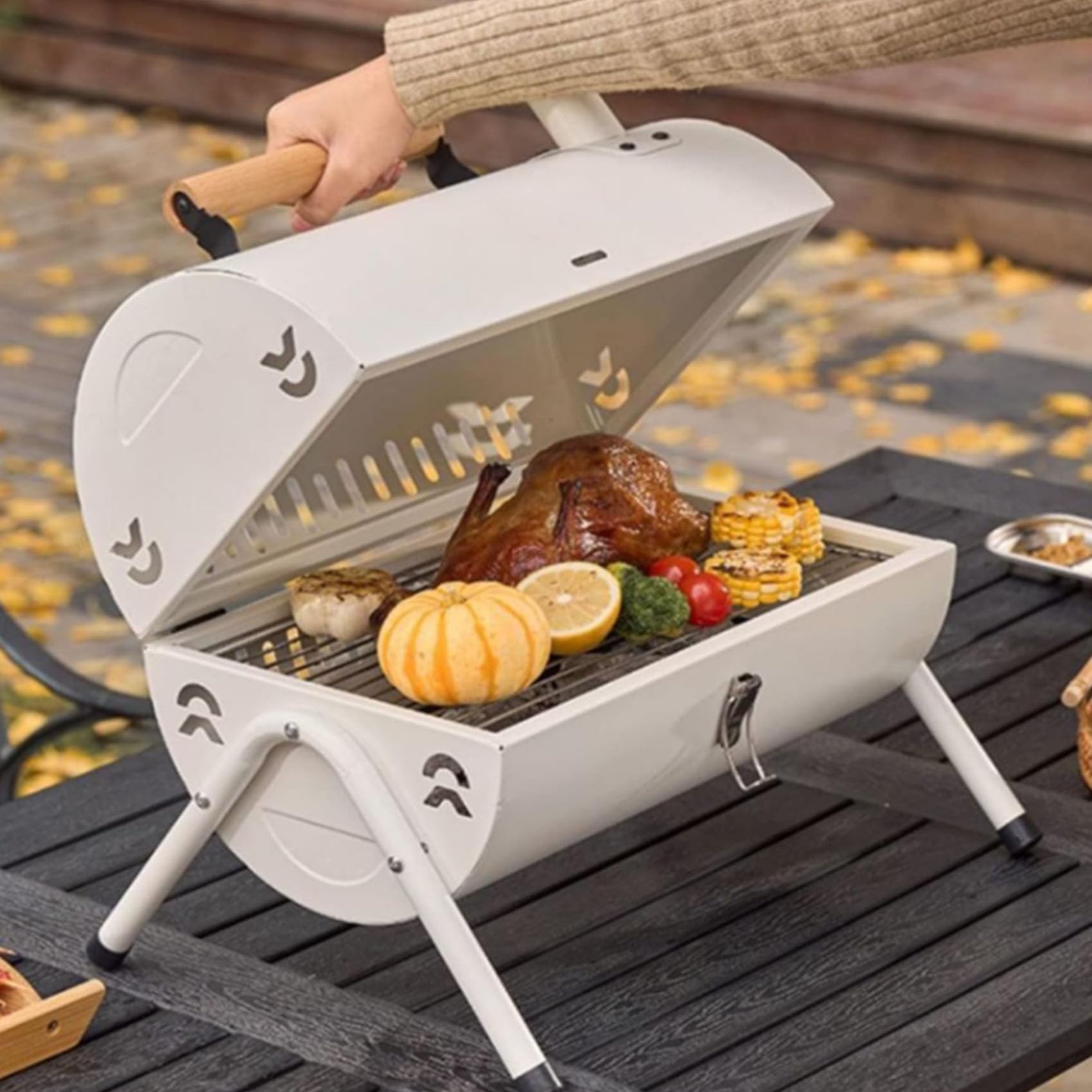 Parrilla compacta de doble cara blanca plegable para exteriores con mango resistente al calor para camping, viajes y cocina en el patio trasero, parrilla pequeña portátil para un uso fácil