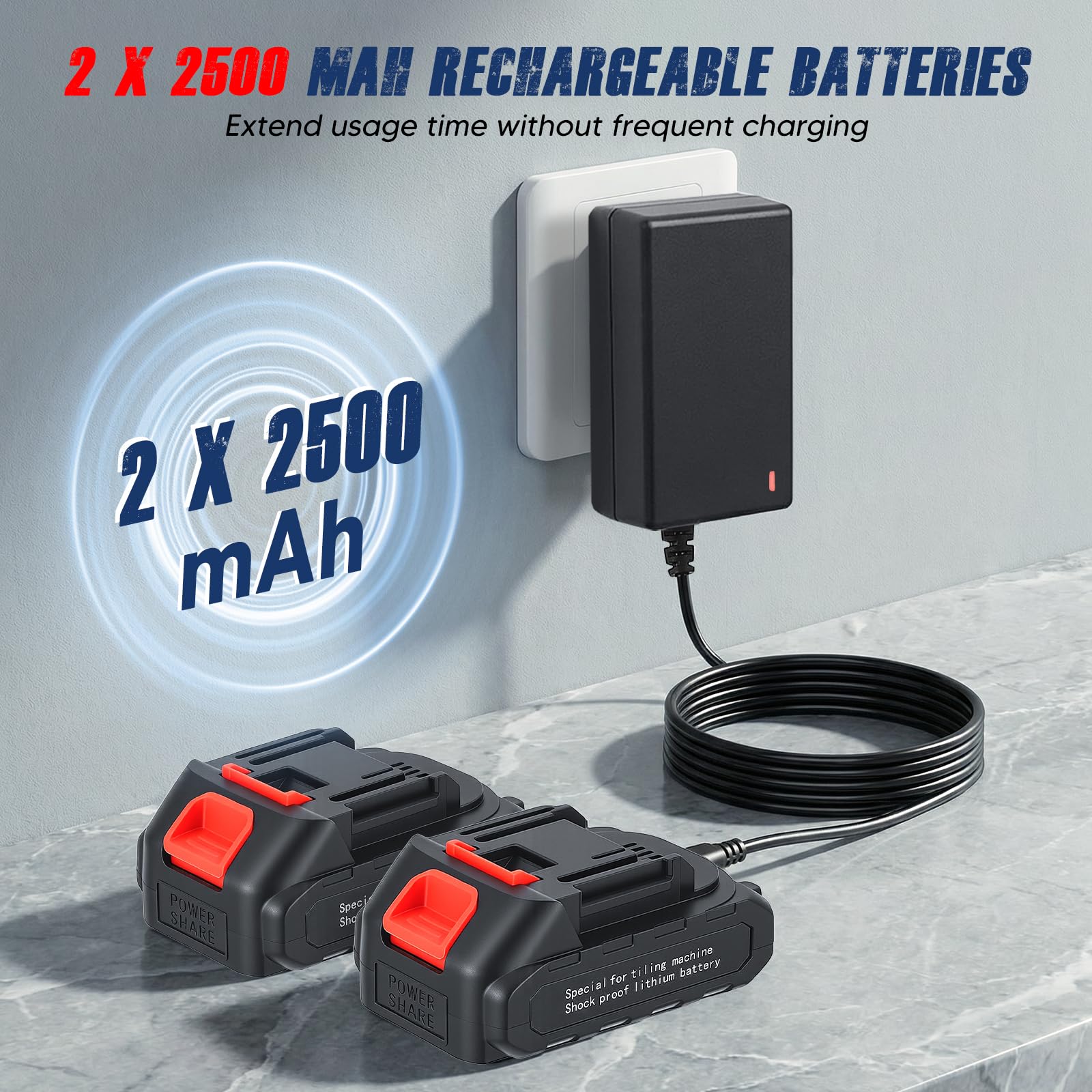 2 en 1 Herramienta de vibración para azulejos sin cables, ventosa potente y 6 velocidades ajustables, 2 baterías de 2500 mAh, 24000 RPM, para instalar azulejos, mármol, vidrio y madera