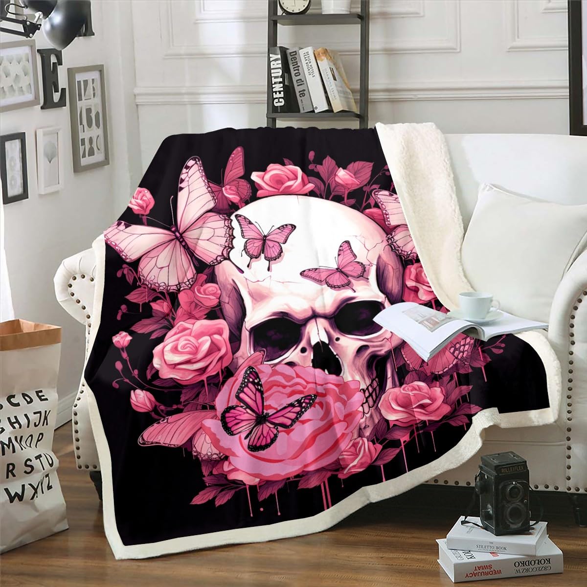 Sugar Skull Blanket Throw Pink Butterfly Sherpa Blanket Rose Floral Gothic Skull Fleece Blanket Flower Skeleton Bones Moth Animals Fuzzy Blanket Sofa