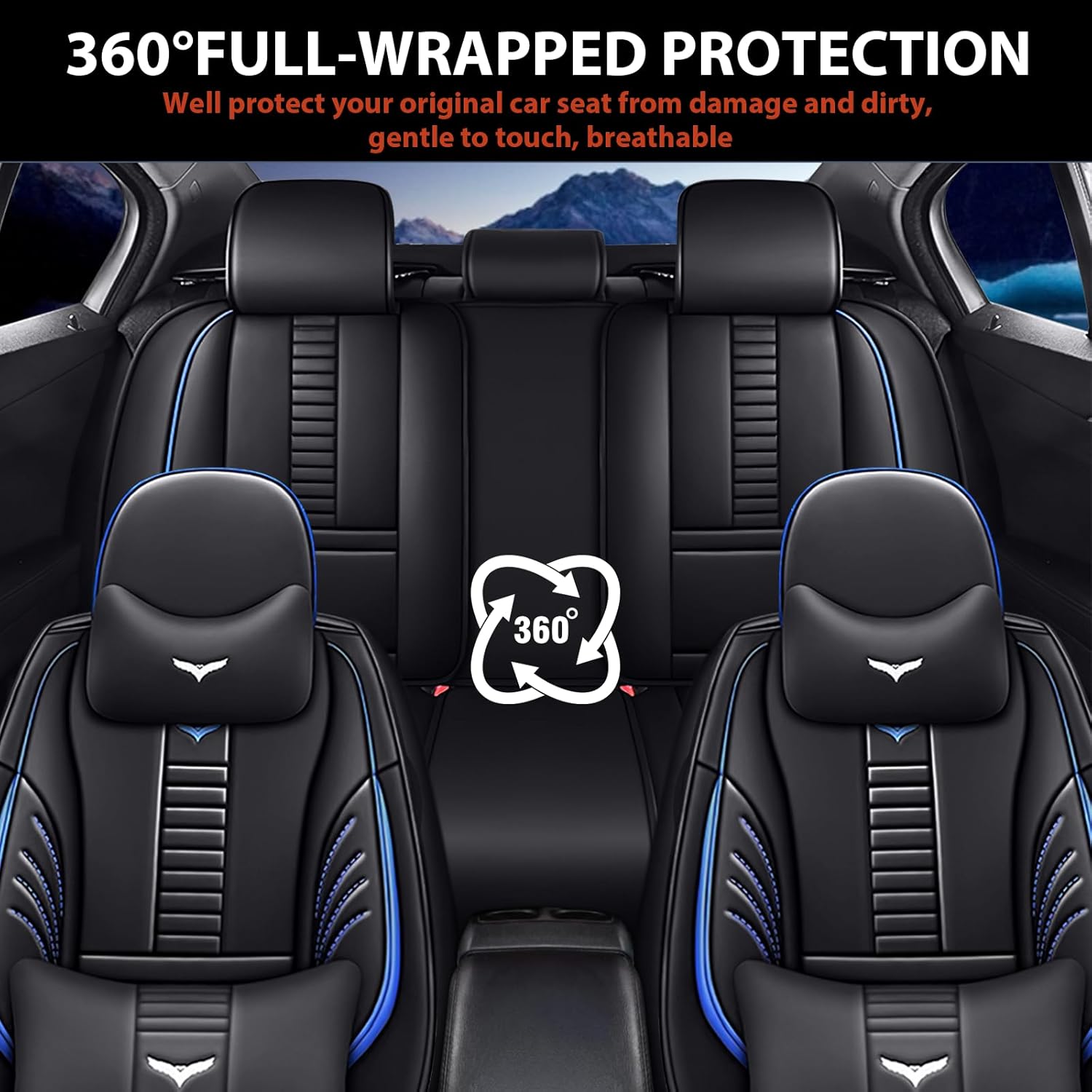 Car Seat Covers for Dodge Ram 1500 2002-2025, Waterproof Seat Covers Stylish Sport Seat Protector Full Wrapped Seat Cover with Pillows(Full Set Luxury/Black-Blue)