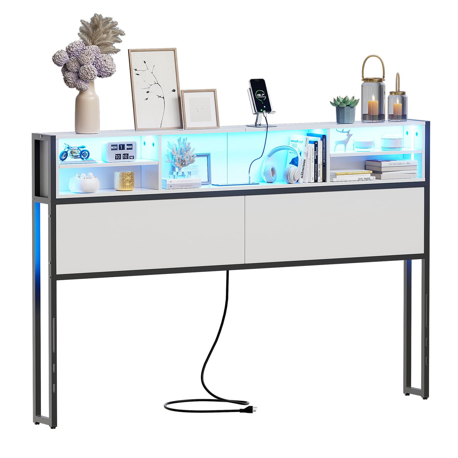 PAKASEPTHeadboard Queen Size, Queen Headboards with Outlets, USB Ports and RGB LED Light, 4-Tier Storage Queen Head Board Only for Queen Size Bed, Height Adjustable, White