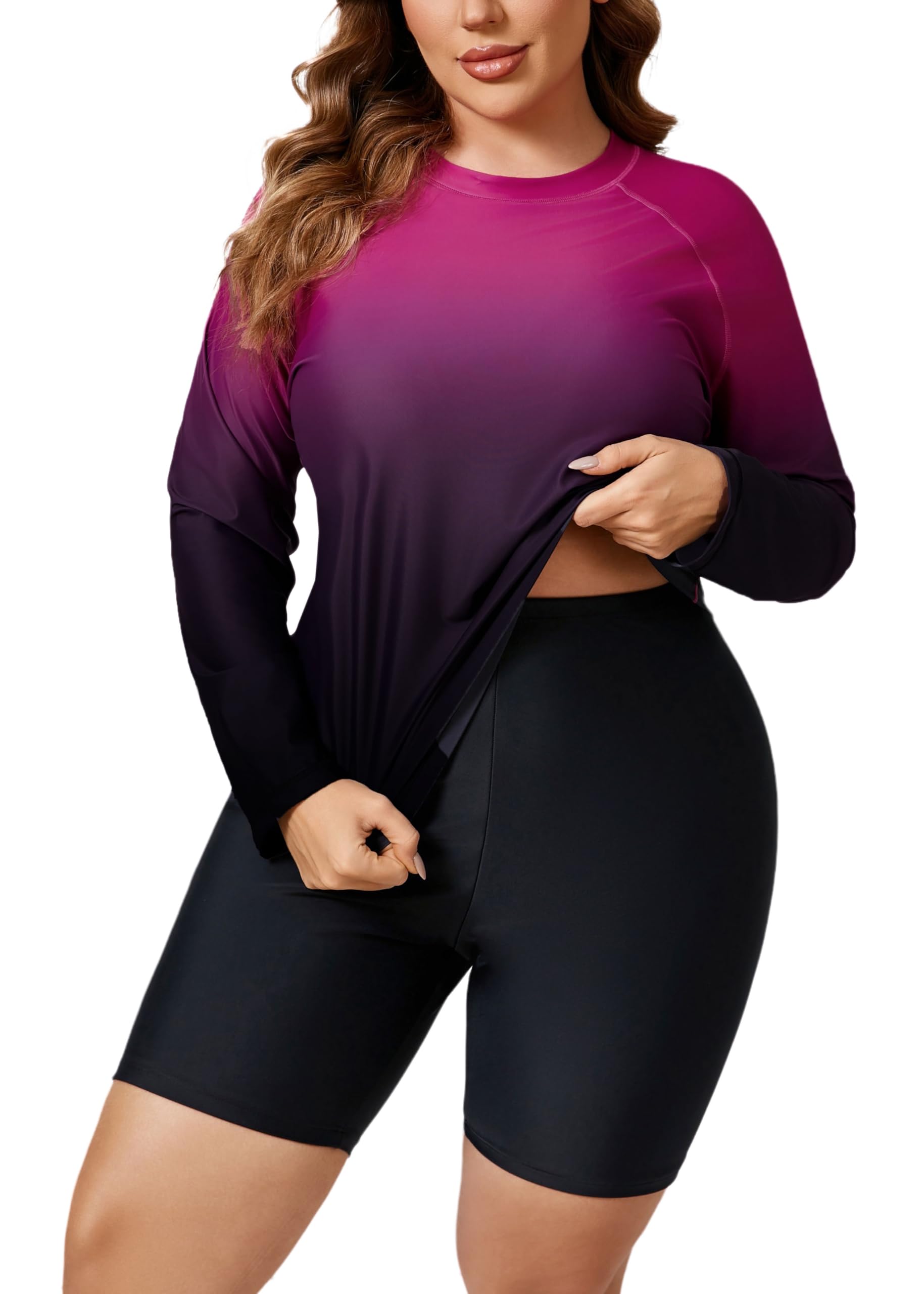 Halcurt Womens Built in Bra Long Sleeve Rash Guard Plus Size 2 Piece Swimsuit Shirt and Shorts