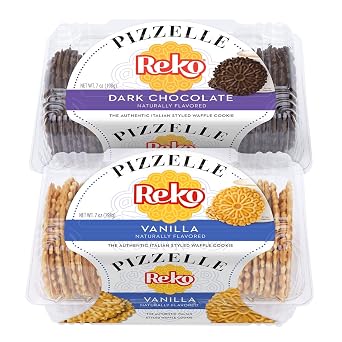 Reko Pizzelle Authentic Italian Style Waffle Cookie, Variety Pack Vanilla and Dark Chocolate, 7 oz each Pack of 2