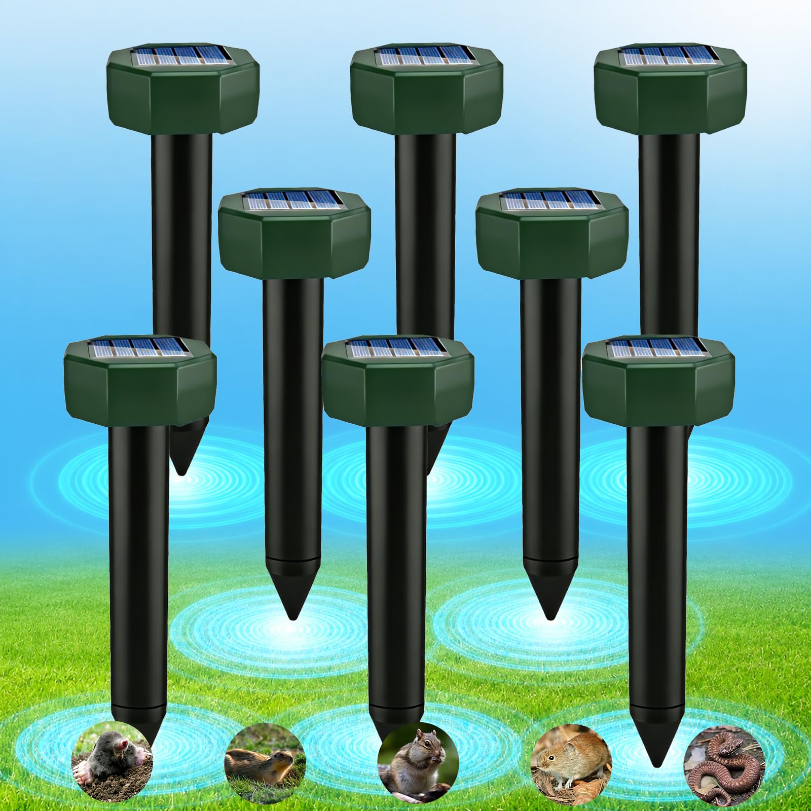 Ahuyentador de Topos Solar, Ahuyentador de Roedores Solar Ultrasónico Impermeable y Resistente a la Corrosión para Ahuyentar Campañoles, Topos, Serpientes y Lagartos(8 Piezas)