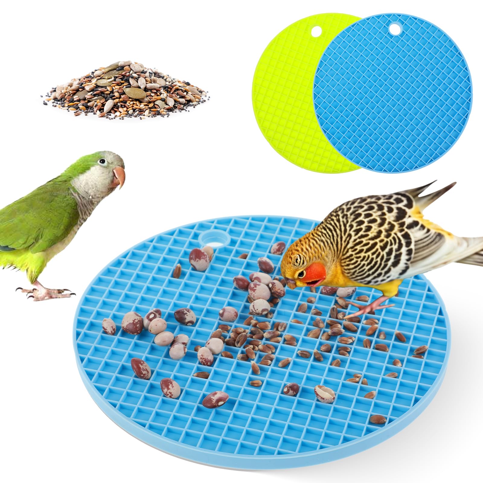 2Pcs Foraging Mats for Cockatiel, Bird Slow Feeder Mats, Interactive Foraging Mat for Parakeets, Cockatiels and Small Birds (Green/Light Blue)
