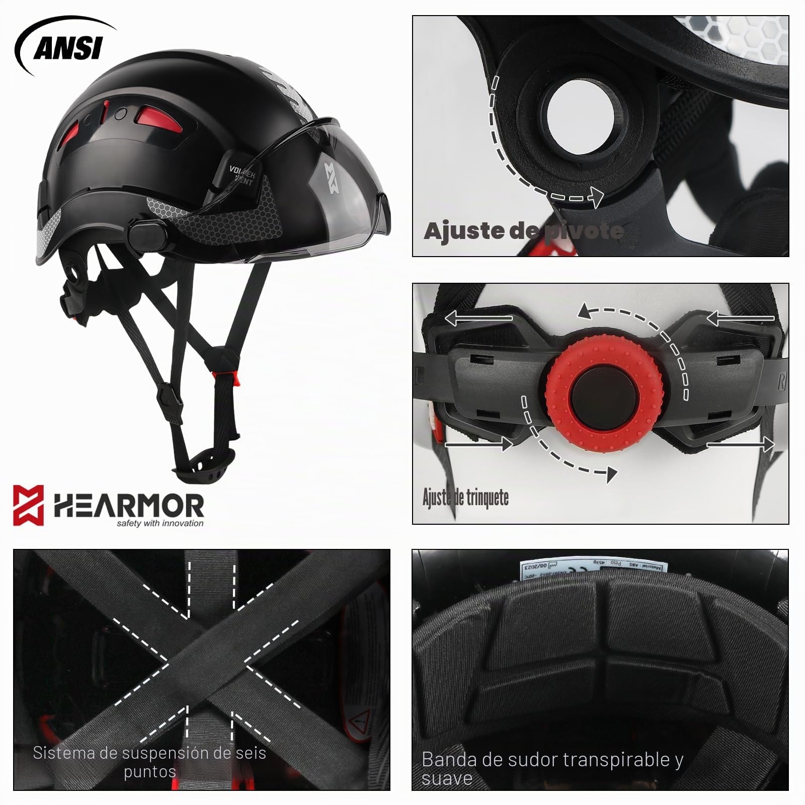 HEARMOR Casco de seguridad para casco de protección de obras, EN 397, casco de trabajo ventilado para adultos, sistema de trinquete ajustable con visera opcional en transparente y ahumado