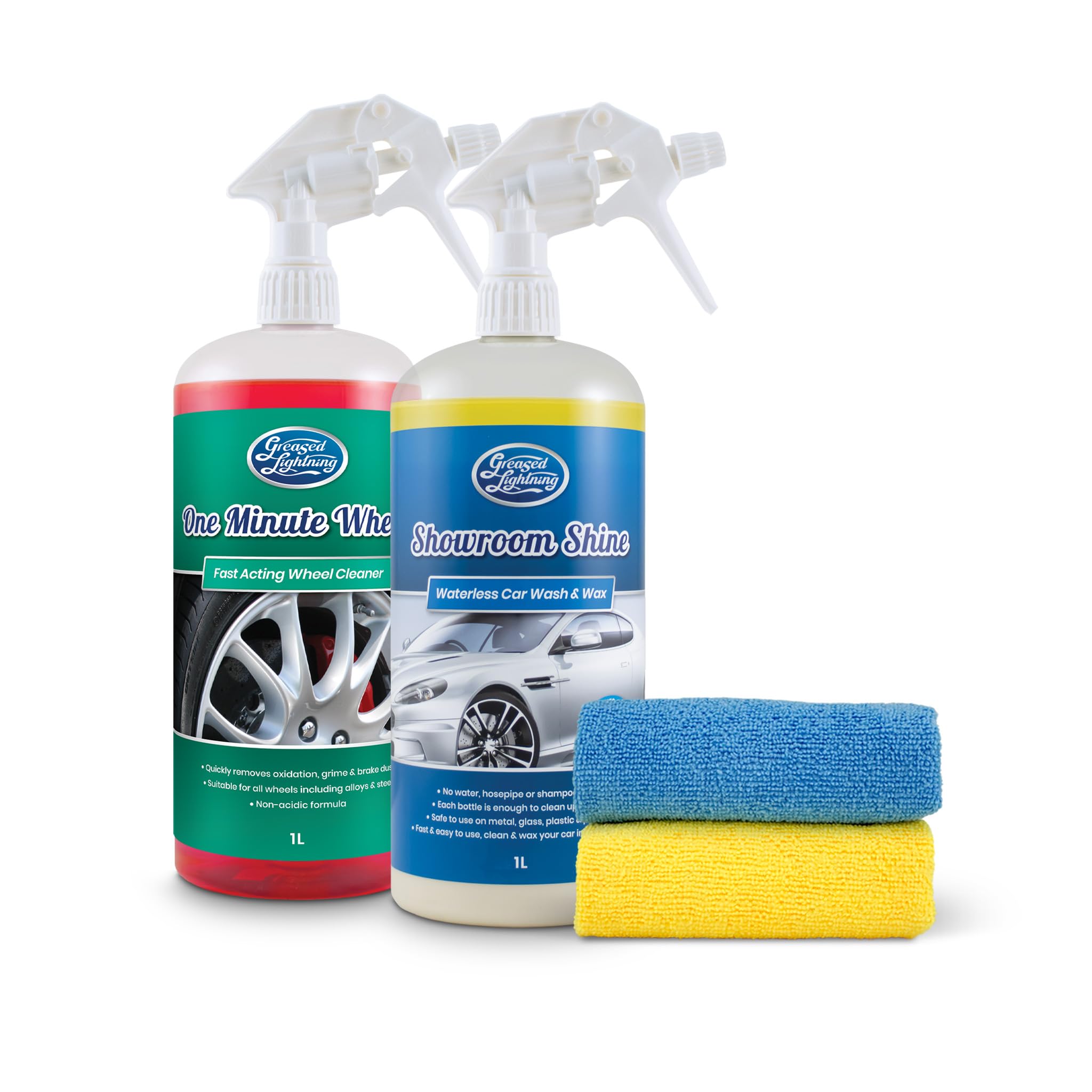 Bodywork & Wheels Twin Pack - Showroom Shine 1L Waterless Wash and Wax & One minute Wheels 1L Wheel Cleaner Plus 2 Microfibre Cloths Pack