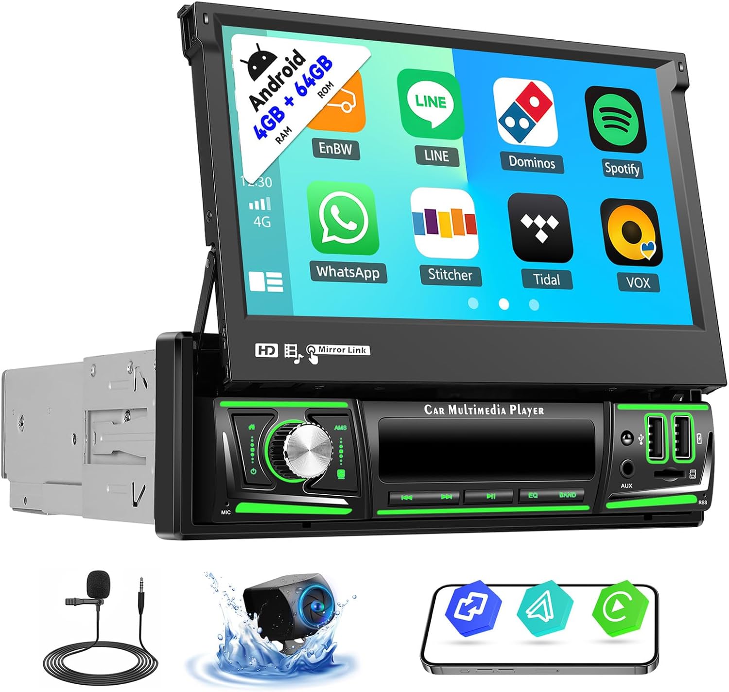 SIXTOP Android 13 Single Din Car Stereo with flip-out screen and included accessories