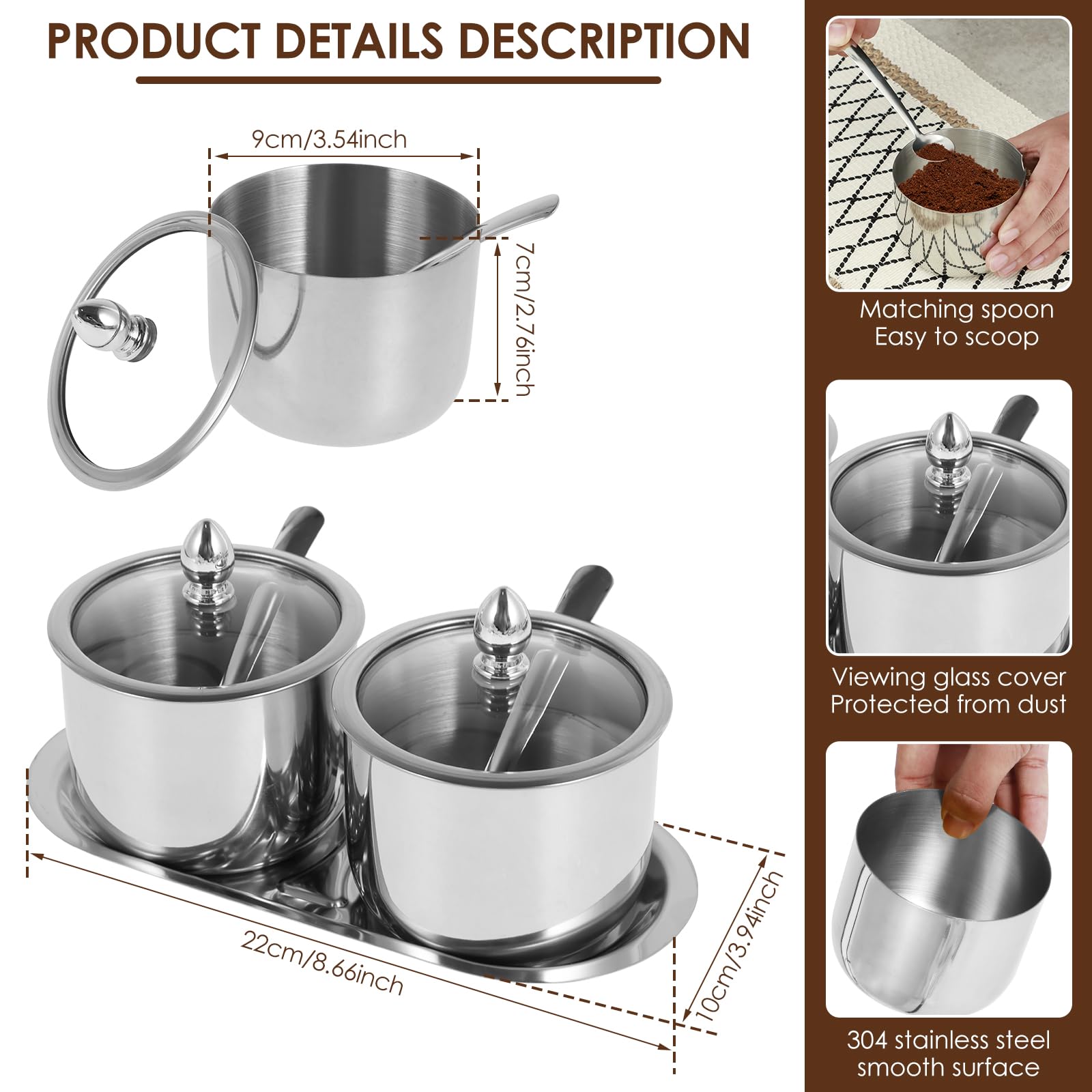 Edelstahl-Schüssel-Set – 2 runde Behälter mit S-Deckel, Löffel und Tablett, rostfreies Se-Glas, Ele Sto für Küche und Essen.