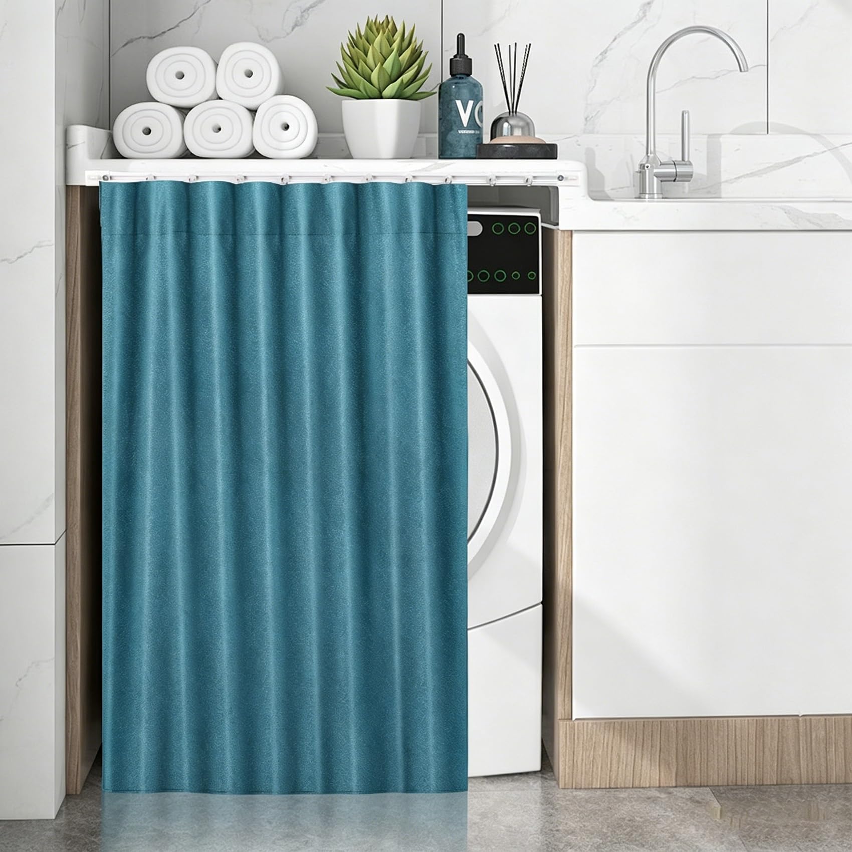 GUOIOOI Dishwasher curtain,Blackout Pleated Curtain for Washing Machine, No Drill Accordion Blind for Laundry Area, Heavy Fabric Water Repellent Cover for Washer Dryer(Lake blue,W65*H90cm)