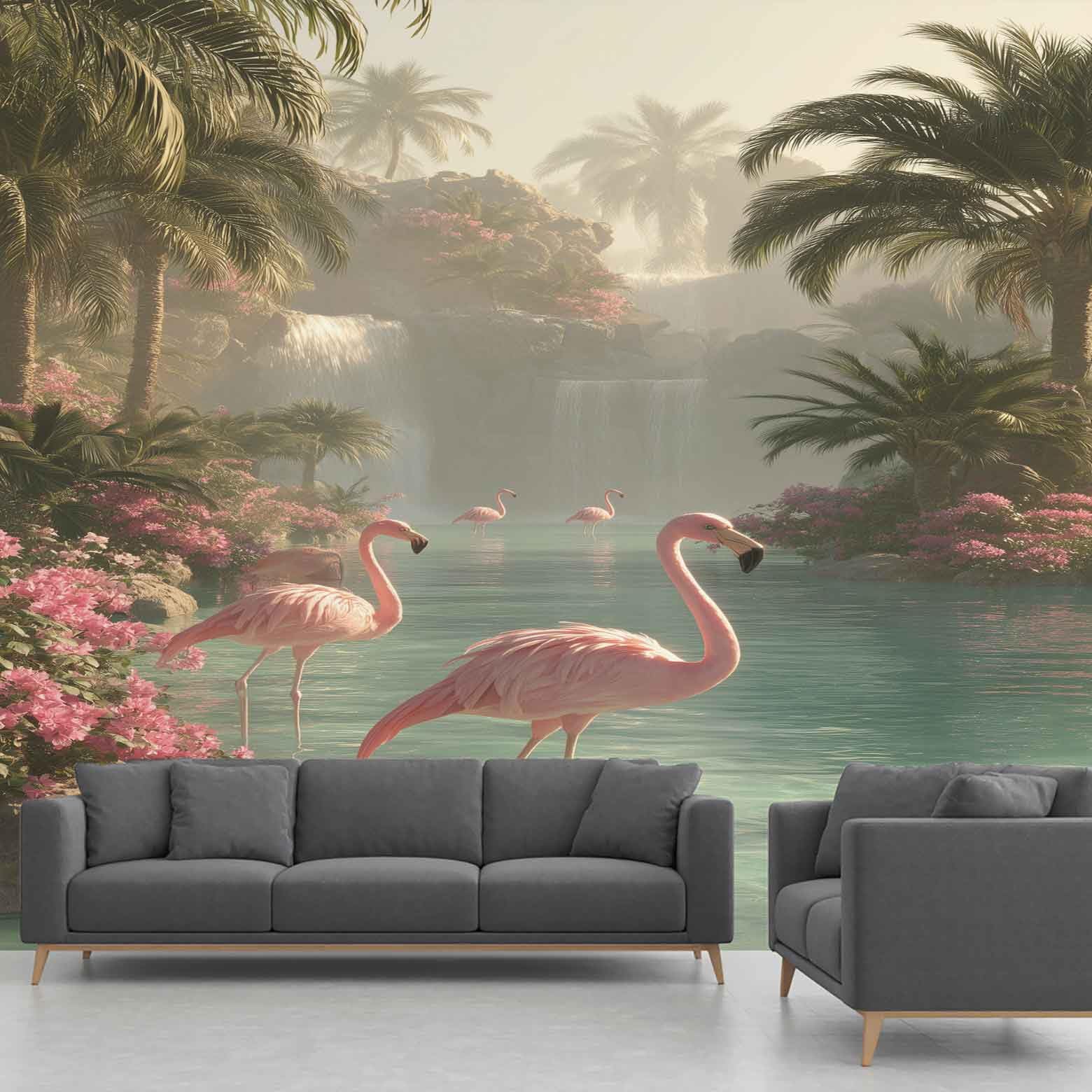 Papier peint flamant tropical pour un salon style jungle chic