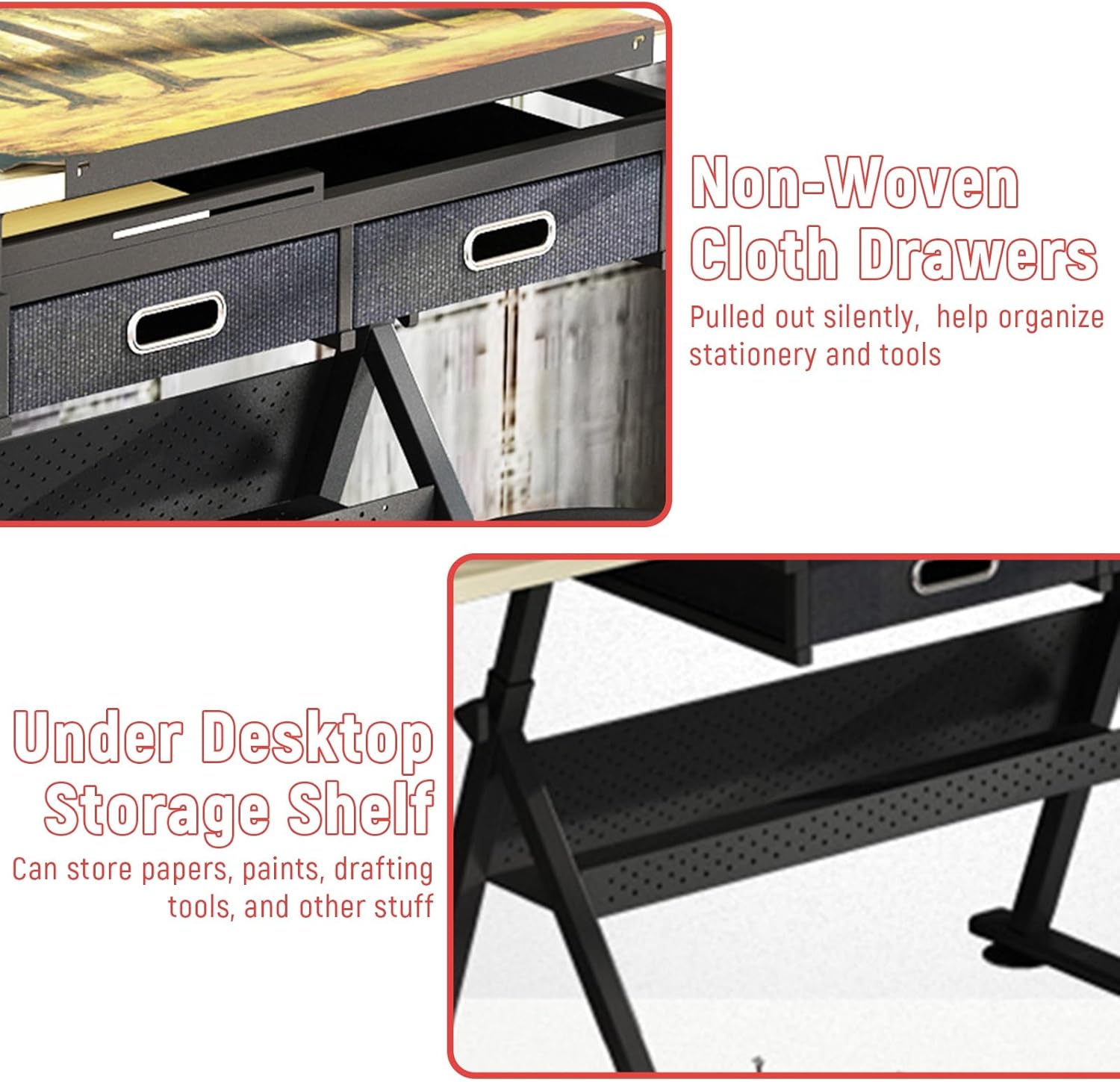 Artist Drafting Table & Stool Set Craft Desk Adjustable Height Angle W/Drawers Side Trays Pencil Ledge Side Table Home Office School