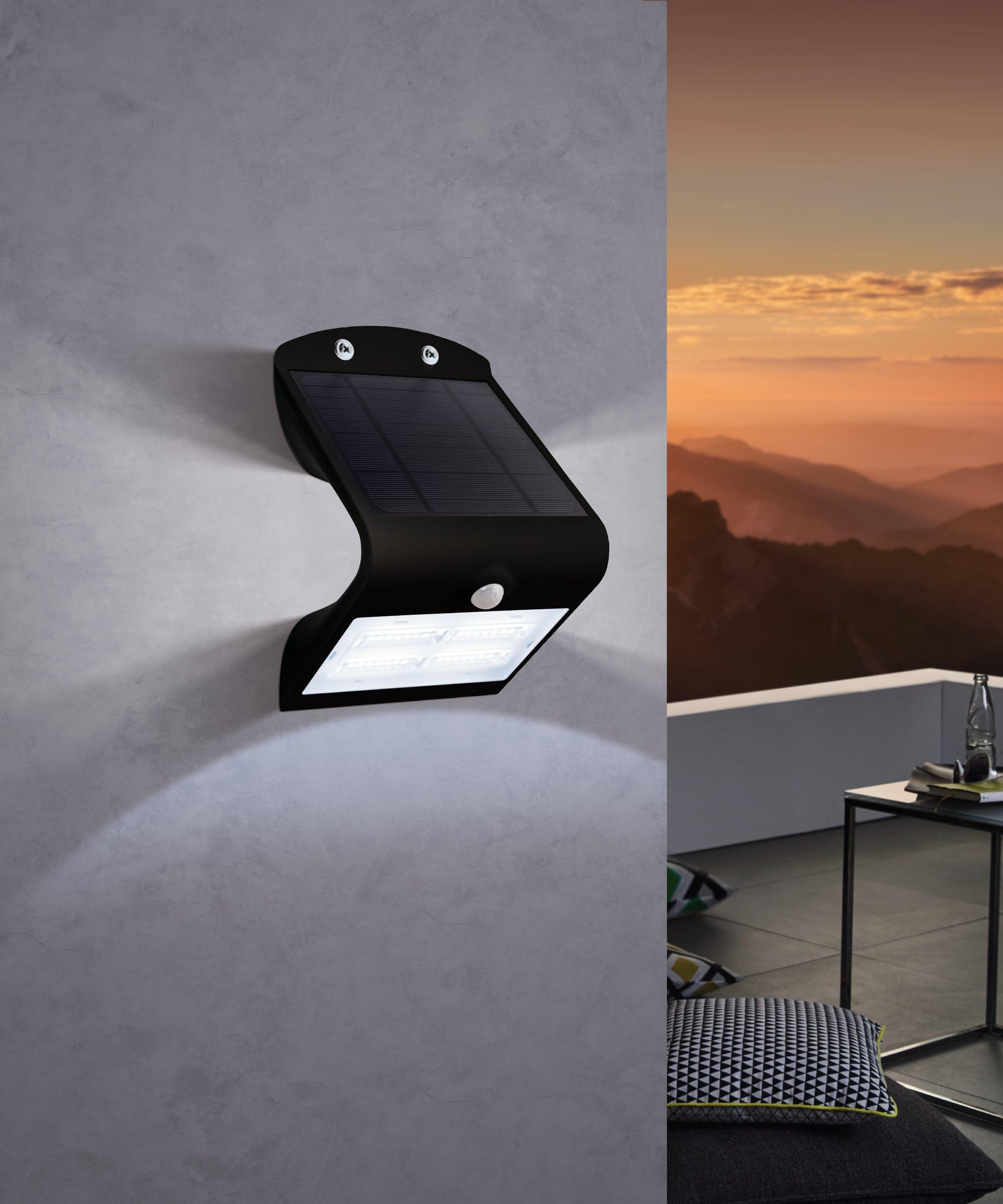 EGLO Lampada a muro LED per esterni Lamozzo, lampada solare per esterni | con rilevatore di movimento, con sensore giorno e notte, plastica nera, illuminazione per esterni bianco neutro, IP54