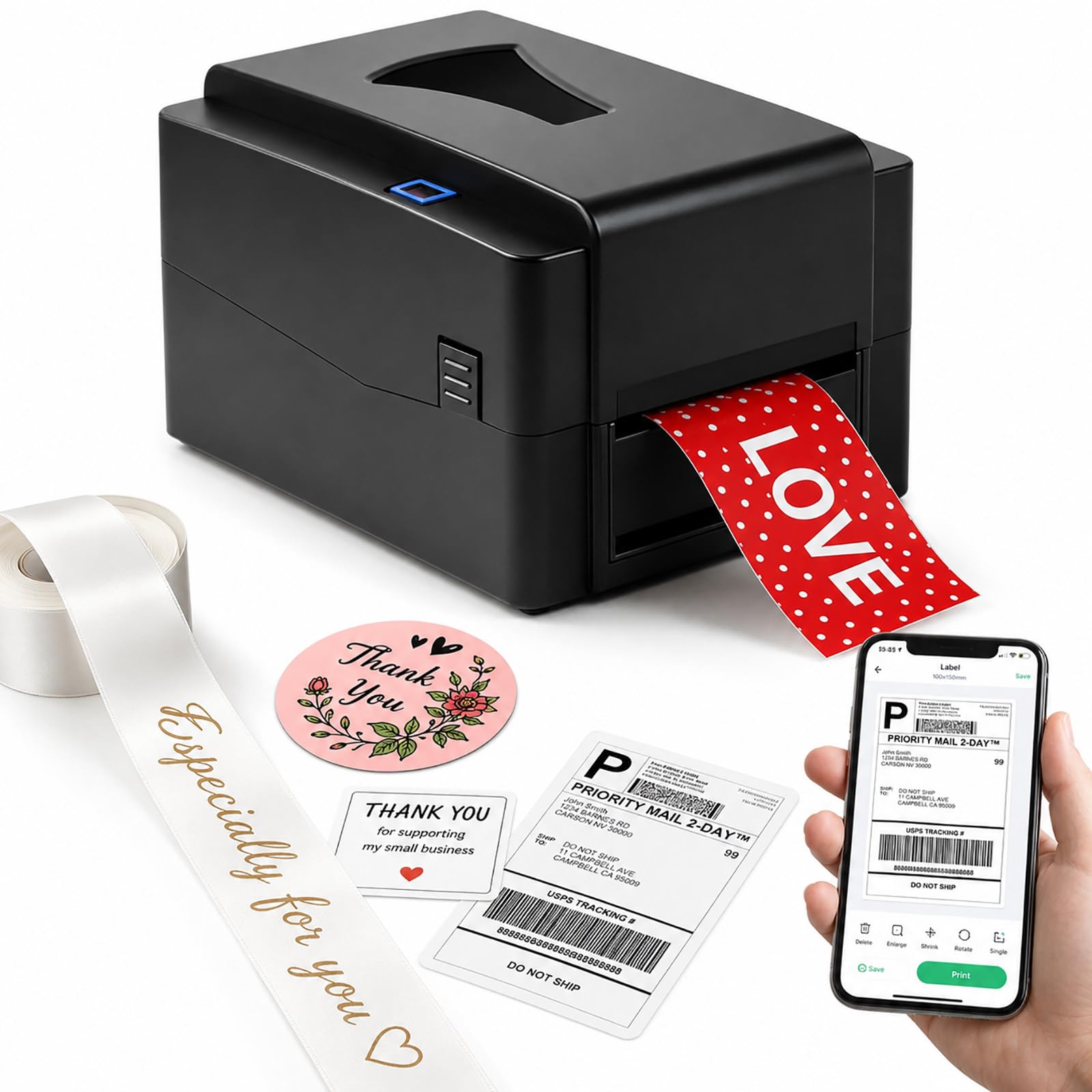 vnmudzeo Thermal Transfer Ribbon Printer, 300 DPI Label Maker — Prints Care Labels, Satin Ribbons, Gift Ribbons, Tags and Specialty Media