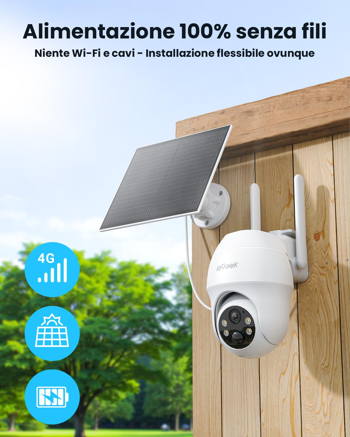 ieGeek 4G Telecamera da Esterno senza Fili,2K 3MP Telecamera Pannello Solare con Sim,Batteria 10000mAh,PTZ 360°,Rilevamento PIR,Visione Notturna a Colori,Chiamata bidirezionale,IP65(Senza WiFi)