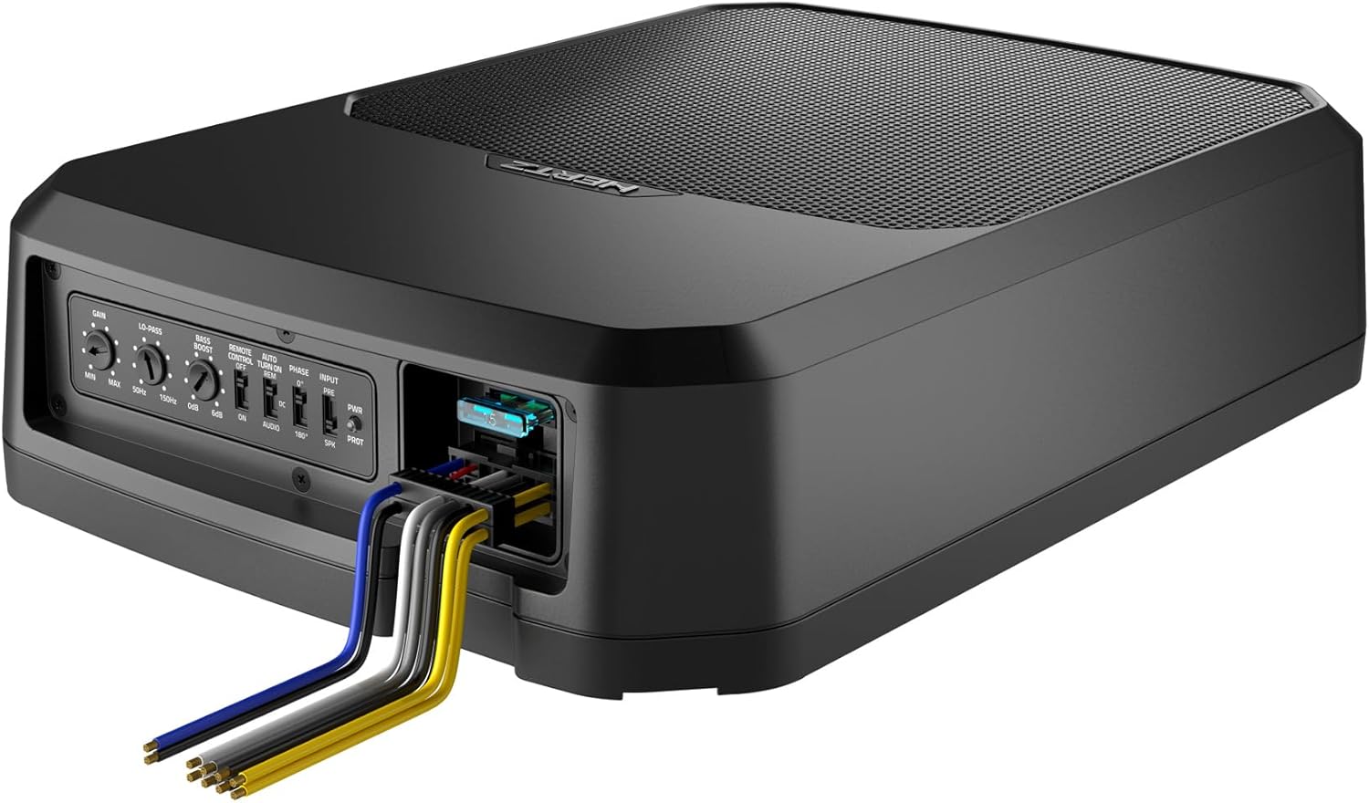 Rear panel of the HERTZ DBA 201F subwoofer showing the various input and control connections.